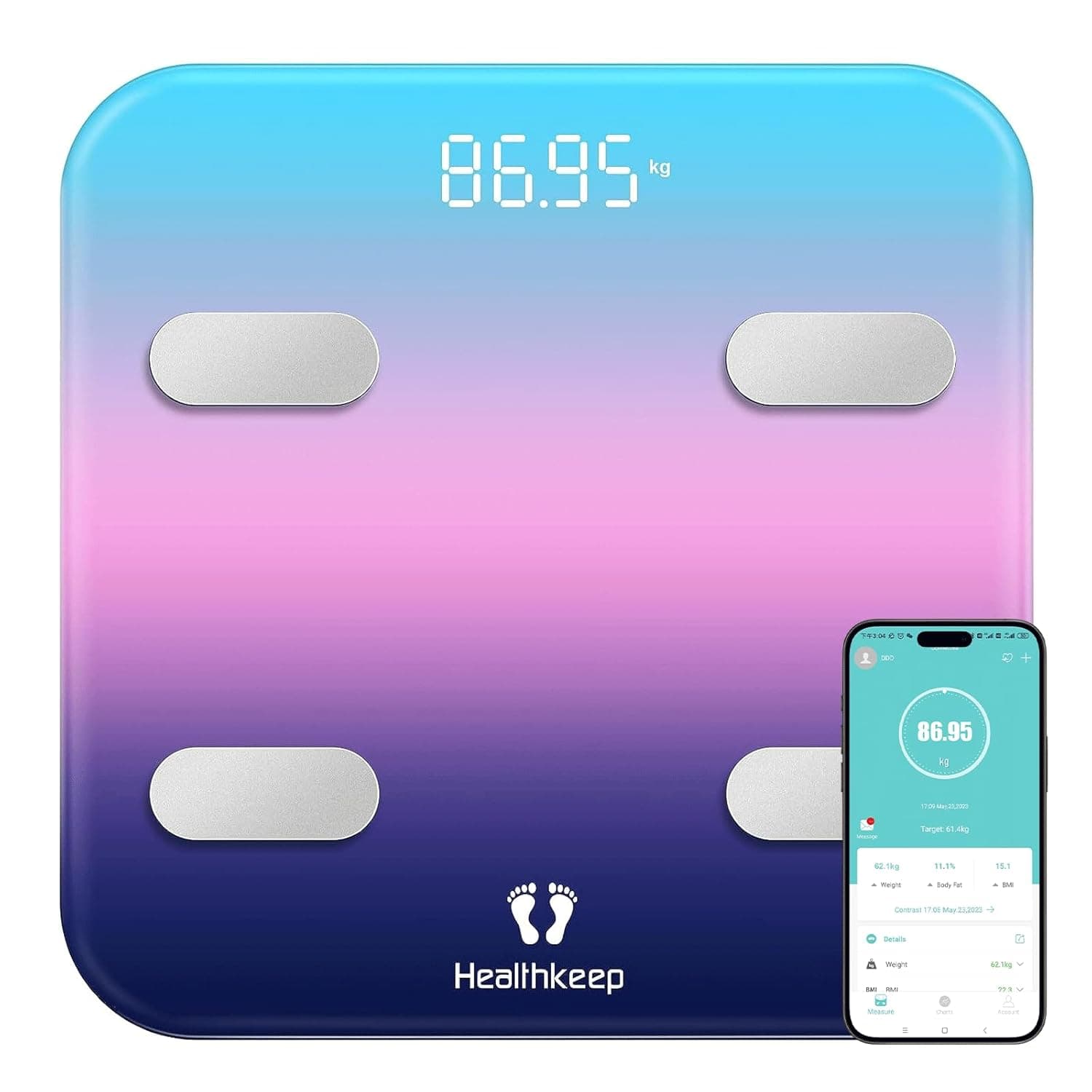Balança de gordura corporal, balança conectada WiFi e Bluetooth balança pessoal de ecrã grande com 13 aplicações de análise de composição corporal incluídas. Capacidade 180 kg/400 lb, 31 x 31 cm