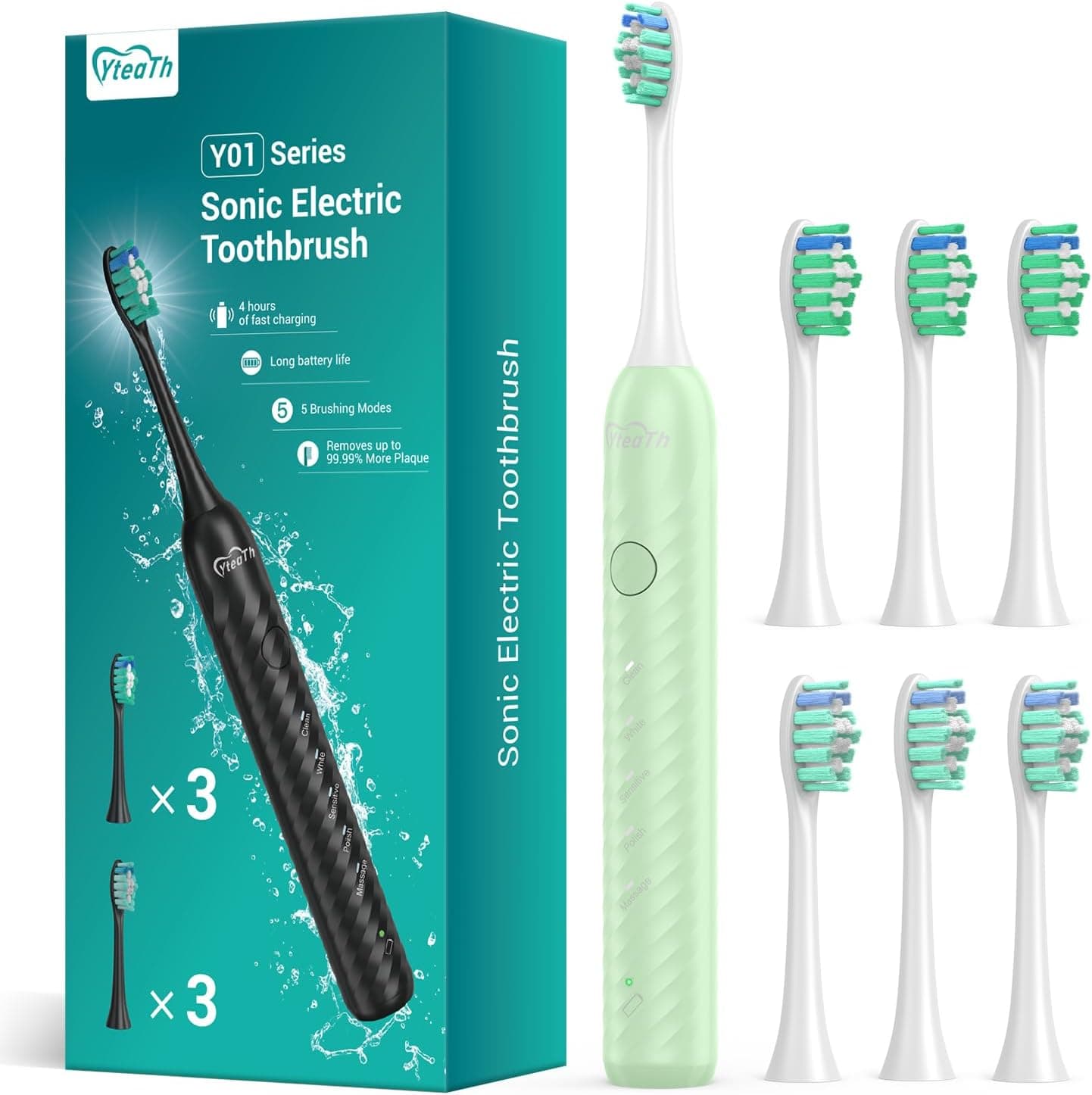Escova de dentes elétrica para adultos com 6 cabeças de escova, escova de dentes sónica recarregável, bateria de longa duração, 4 horas de carregamento e 180 dias de uso, verde claro