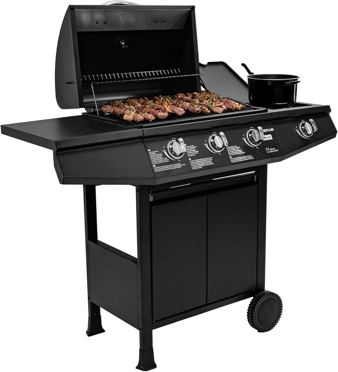Amig - Churrasco a gás Fireplus 3+1 de 8,4 kW | Aço inoxidável preto, grelha com rodas modelo GRILL-3F, churrasqueira XXL com carro e termómetro | 117 x 52 x 103 cm, 4 queimadores e bandeja lateral