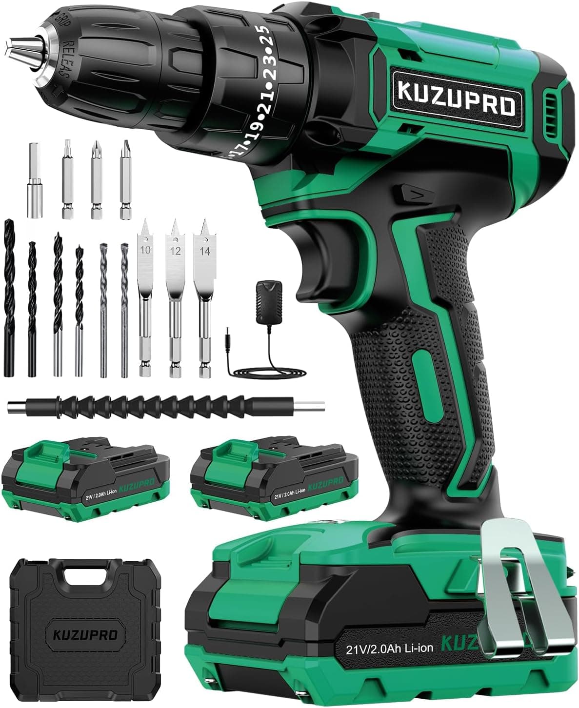 KUZUPRO Broca Percutor a bateria 21 V, broca parafuso bateria com 2 x 2,0 Ah baterias, parafuso elétrico 42 Nm, ajuste de par de 25 x 3, 14 acessórios, 2 velocidades, luz LED para casa, bricolage