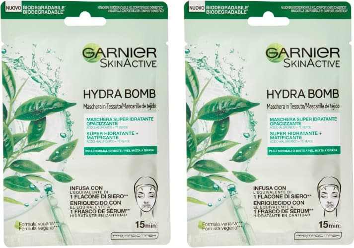 GARNIER Skin Active Máscara de tecido HydraBomb, hidratante e matizante, para peles mistas a gorduras, 2 un