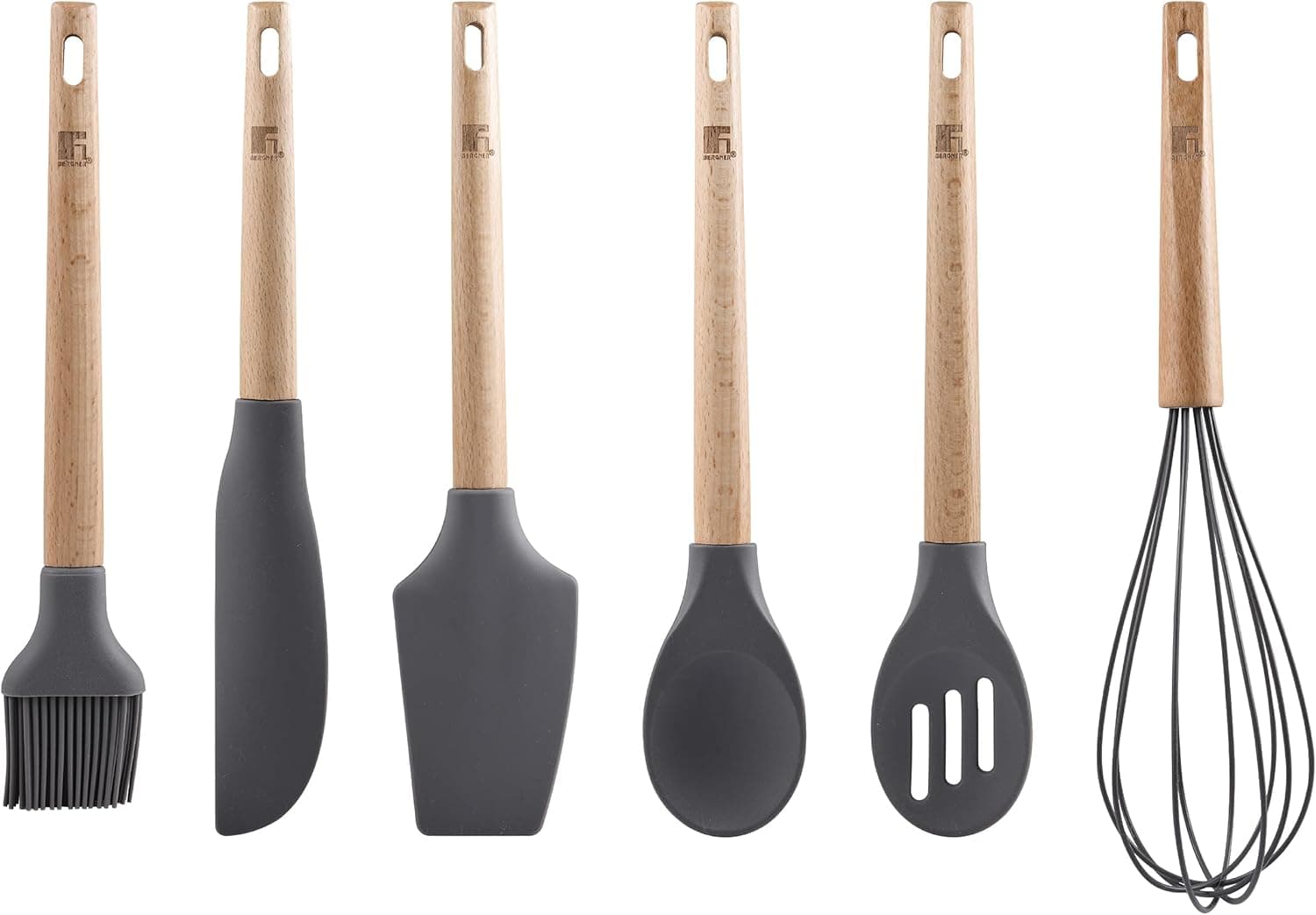 BERGNER Bake Lovers - Conjunto de 6 utensílios de cozinha de silicone - cabeça de silicone - batedora colher com ranhura escova / pincel colher sólida colher de raspador