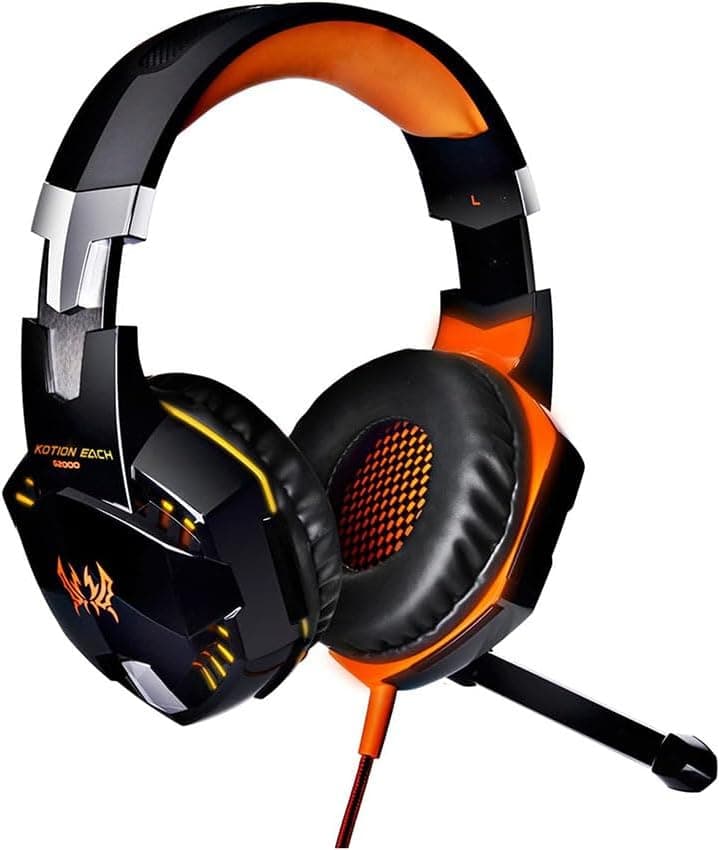 PRENDELUZ Auriculares Gaming laranja para jogos profissionais, com luz LED, isolamento de ruído, microfone