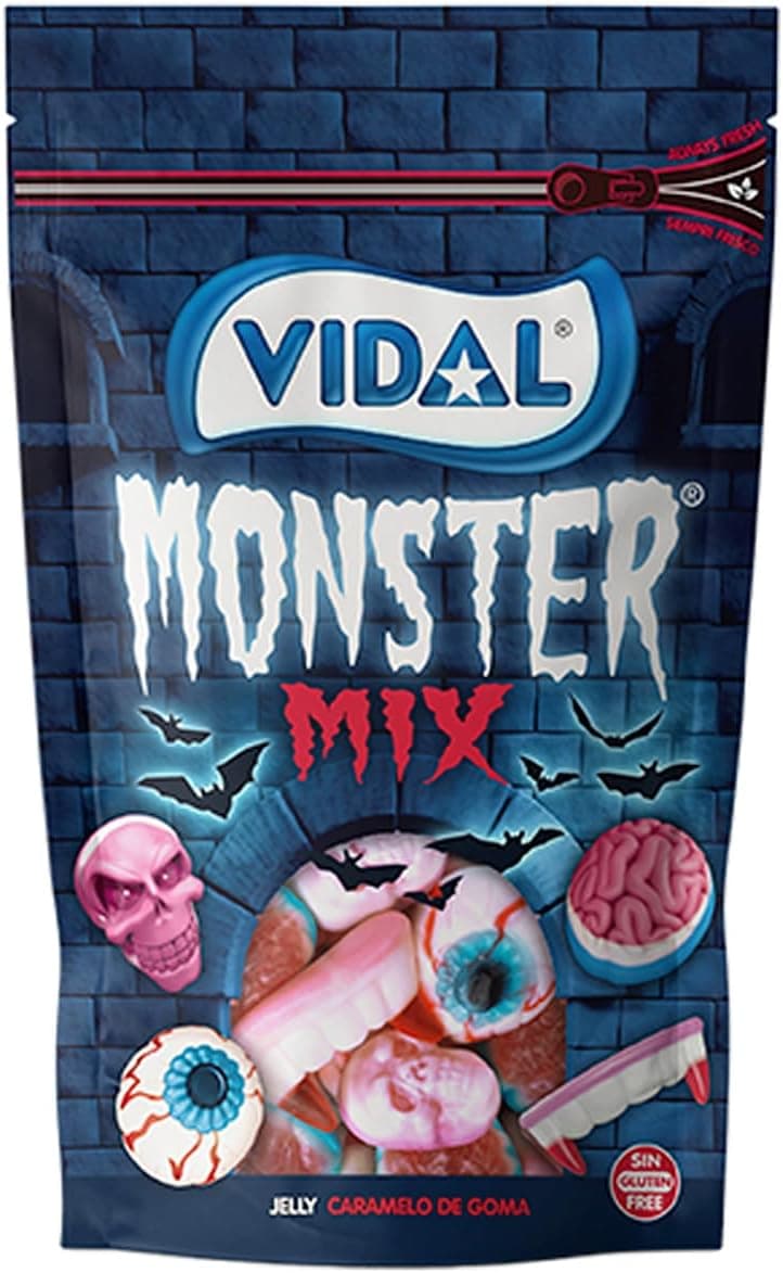 Vidal Golosinas. Monster Mix - Seleção de doces terróficos, com intenso sabor de morango e morango-nata. Sem glúten. Sem gordura. Saco 180 g