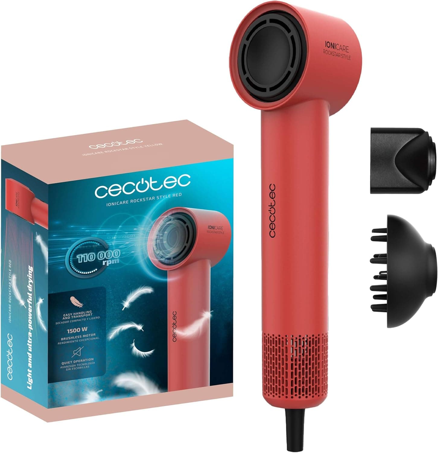 Cecotec Secador de cabelo Ionicare Rockstar Style Red, secador muito compacto e leve, motor 1500 W 11000 rpm, gerador de íões, 4 temperaturas, 3 velocidades, silencioso: Tecnologia Brushless