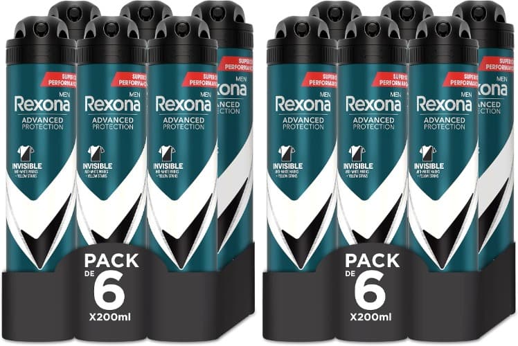 Rexona Desodorante aerossol proteção avançada 72h invisível Black & White anti-respirável para homem, 200 ml, conjunto de 6