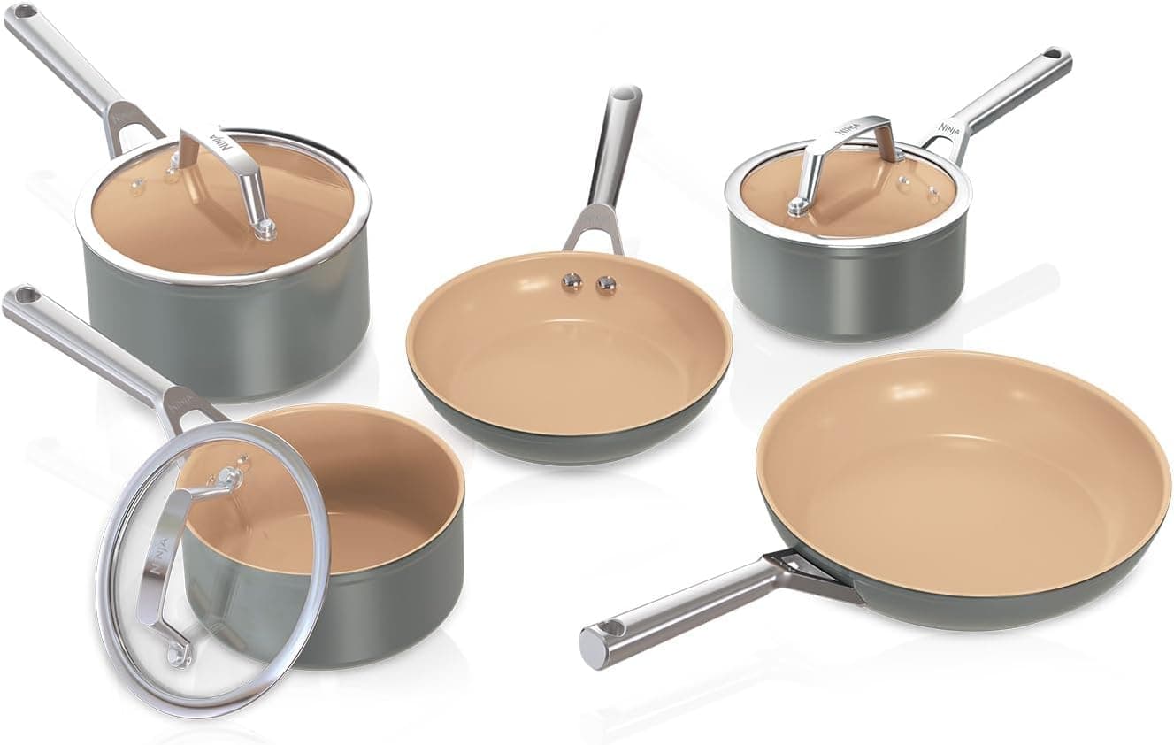 Ninja Extended Life utensílios de cozinha 5 peças de cerâmica (frigideiras 20 e 24 cm, panelas de 16, 18 e 20 cm), antiaderente (sem PFA, PFOA, chumbo ou cádmio), forno até 285 °C, cinzento/terracota