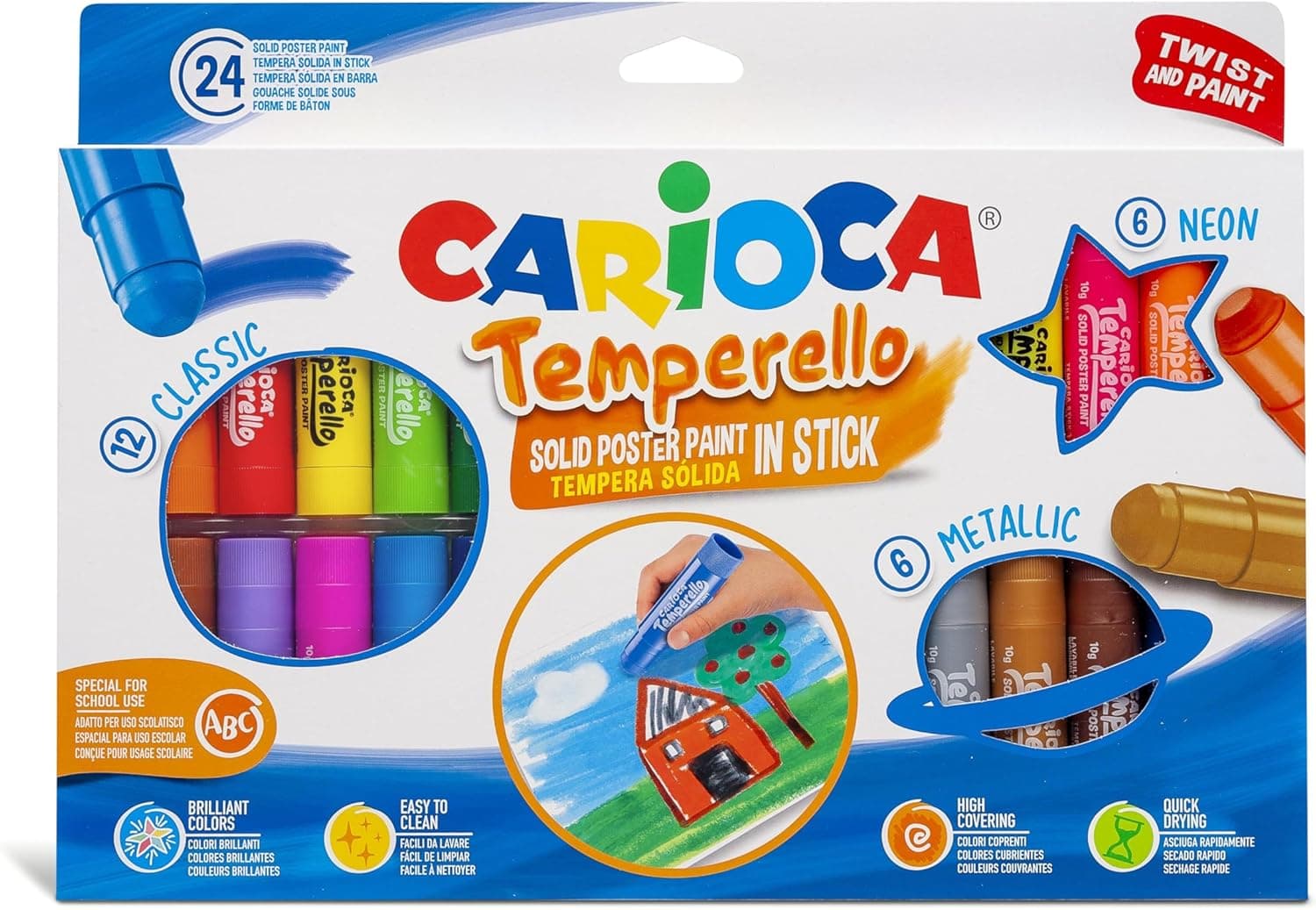 Carioca Temperello, marcadores laváveis para crianças, em barra para colorir papel, cartão, madeira e cartolina, cores luminosas sortidas, sem solventes, clássicos, néon e metálicos, 24 peças