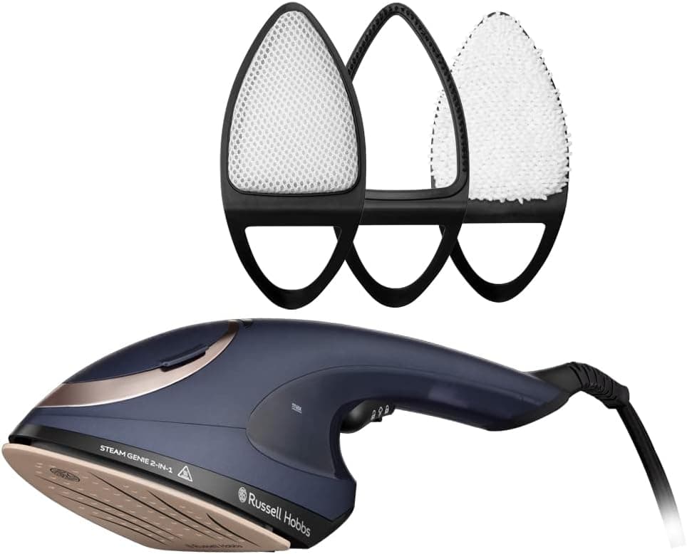 Russell Hobbs Ferro de roupa Steam Genie 2 em 1 - design 2 em 1: Vapor vertical e ferro tradicional, 1800 W, sola de cerâmica, 3 acessórios: Roupa delicada, tapeçaria e tira-paposas, azul - 28370-56