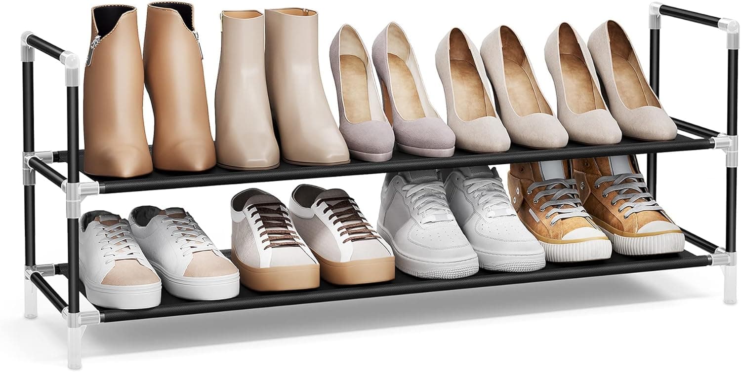 SONGMICS Sapateira de 2 níveis, organizador de sapatos para entrada de mármore, fino e economiza espaço, armação de metal, prateleiras de tecido não tecido, preto LSH052B01