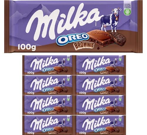 Milka Oreo Brownie Tablet de chocolate com leite dos Alpes com pedaços de bolacha ouro com textura de bolo de chocolate Brownie 100 g x 9