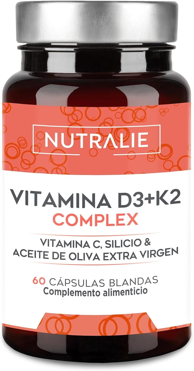 Nutralie Vitamina D3 10.000 UI K2 MK7 Alta dose. Contribui para o sistema imunitário, ossos e músculos com vitamina D3, K2, C, silício e azeite virgem extra. 60 cápsulas