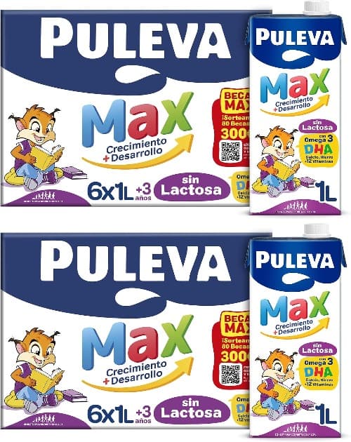 Puleva Max | Leite de crescimento sem lactose a partir dos 3 anos, pack de 6 x 1 L