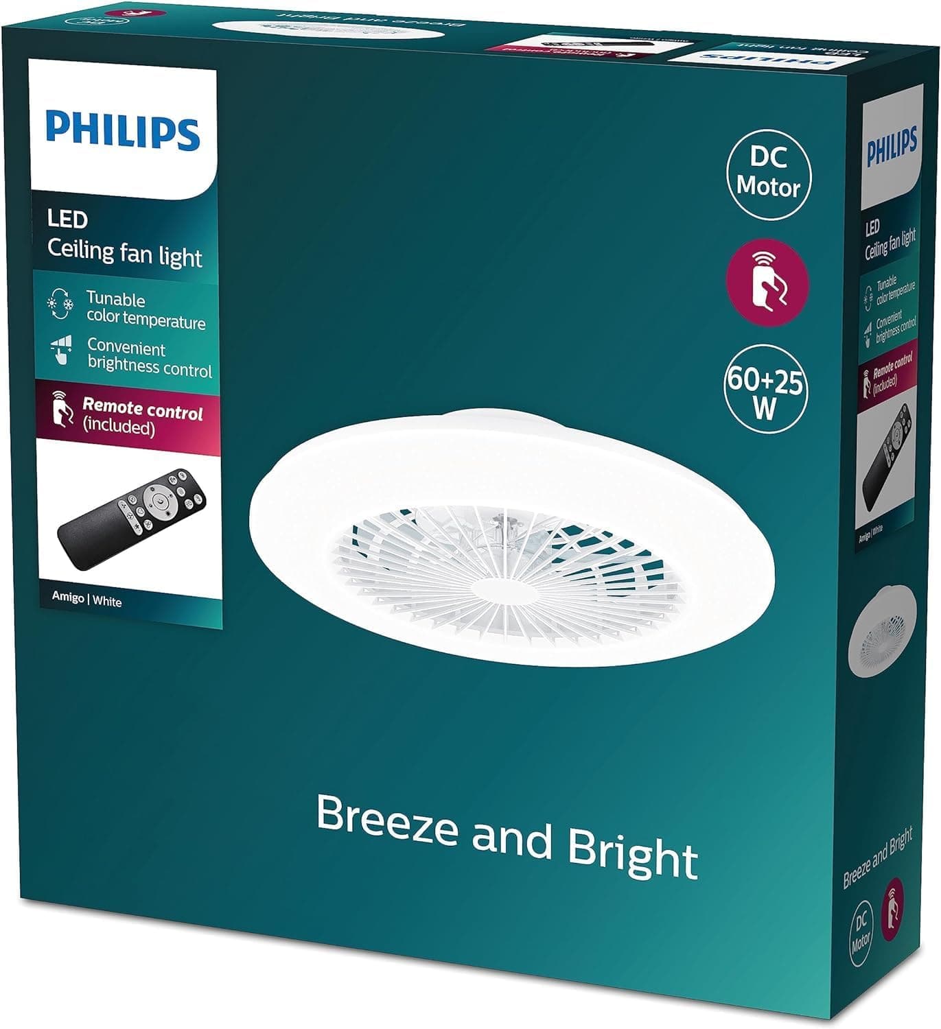 Philips - Ventoinha de teto Philips amigo, compacto, motor DC, com luz LED integrada de 25 W (5500 lúmens), luz branca regulável (3 temperaturas de cor), controlo remoto, branco