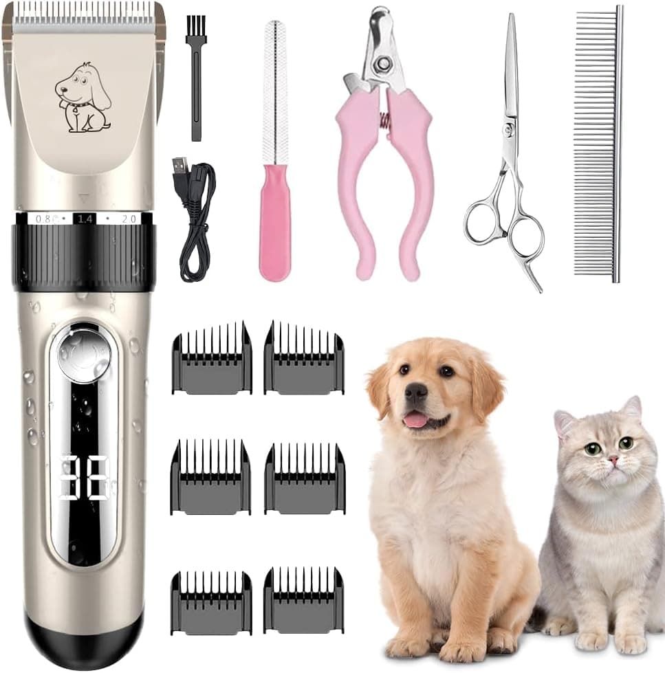 NWOUIIAY Corta-pelos para animais de estimação IPX7 impermeável todo o corpo lavável máquina cães sem fios recarregável para cães e gatos com 6 pentes guia