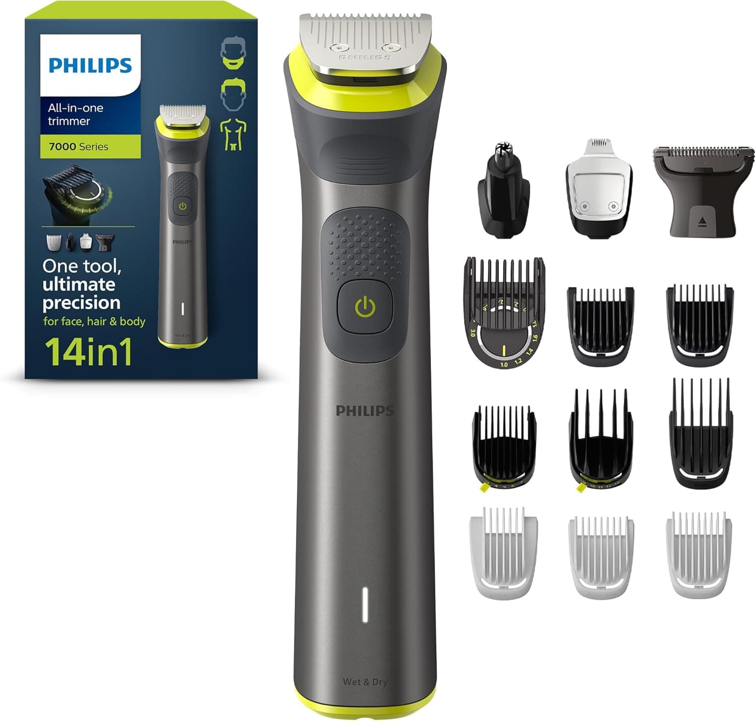 Philips Aparador de barba série 7000, máquina de cortar cabelo, corta-pelos para homem, kit 14 em 1 para rosto, cabelo, orelhas, nariz e corpo, 120 min de uso, seco e húmido, recarregável, capa