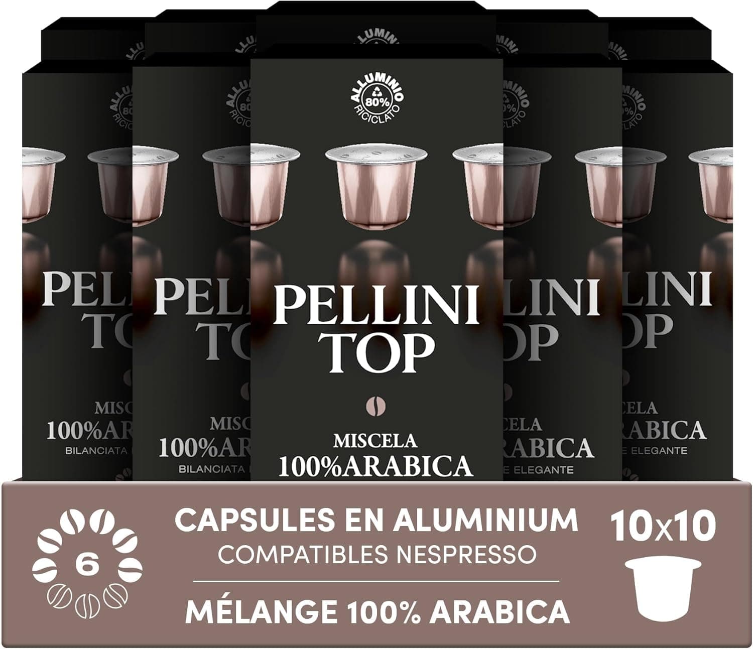 Pellini Top 100% árabe, 100 cápsulas de alumínio compatíveis com Nespresso, mistura seleta de café 100% árabe com notas de cacau e citrinos, 10 embalagens de 10 cápsulas
