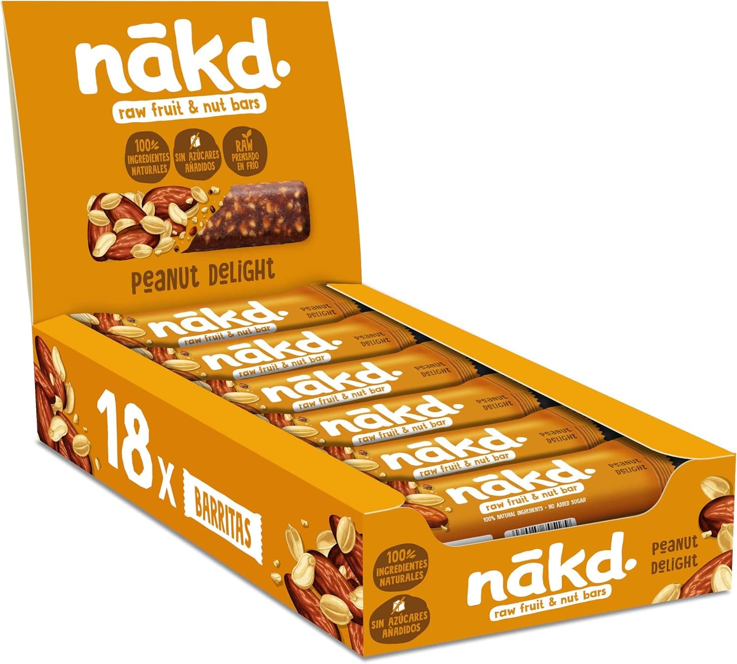 Nākd. Peanut Delight Barrinhas Raw de frutas e frutos secos, 100% ingredientes naturais, sem açúcar adicionado, 18 x 35 g