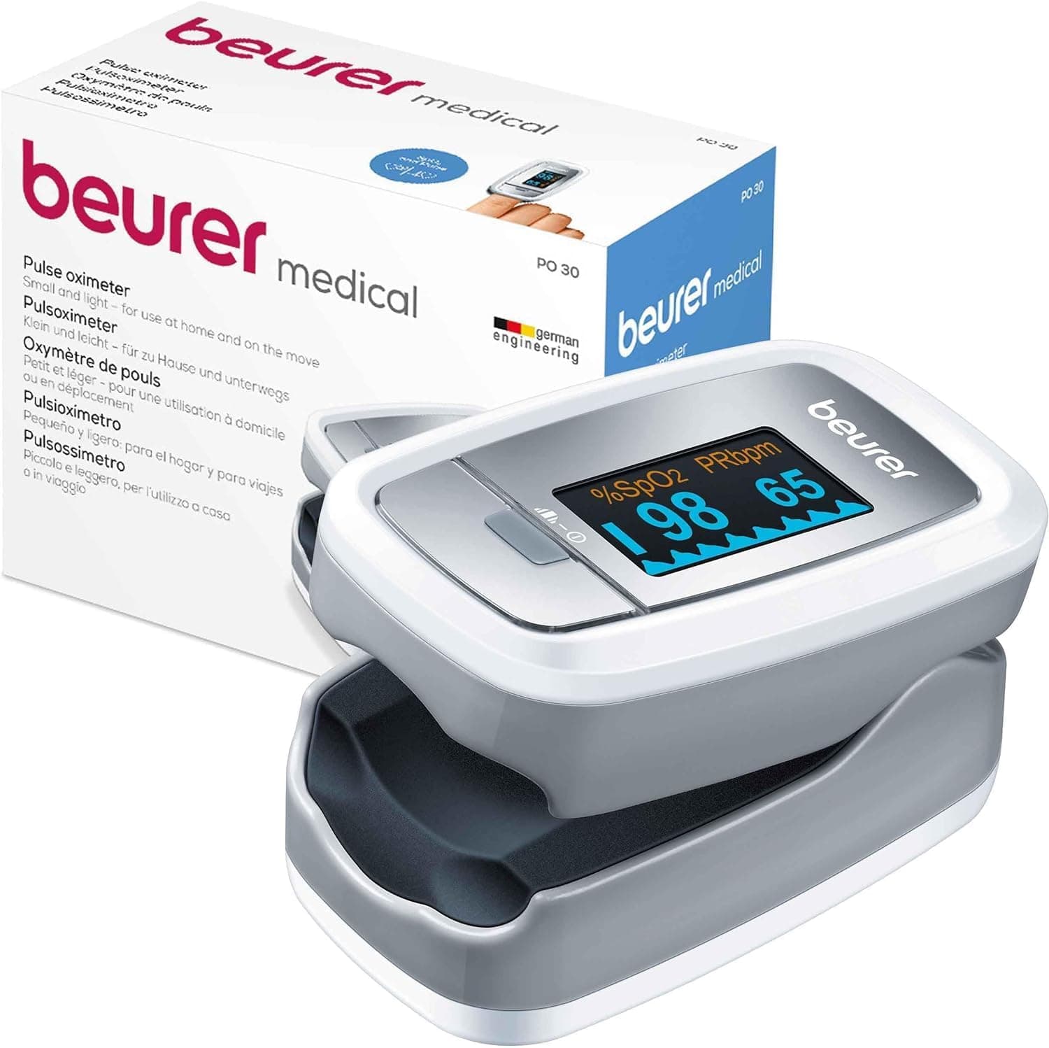 Oxímetro de Pulso Beurer de Dedo para Medição da Saturação de Oxigênio no Sangue e Pulso, Branco/Prata, 60 x 36 x 32 mm Cinza Oxímetro.