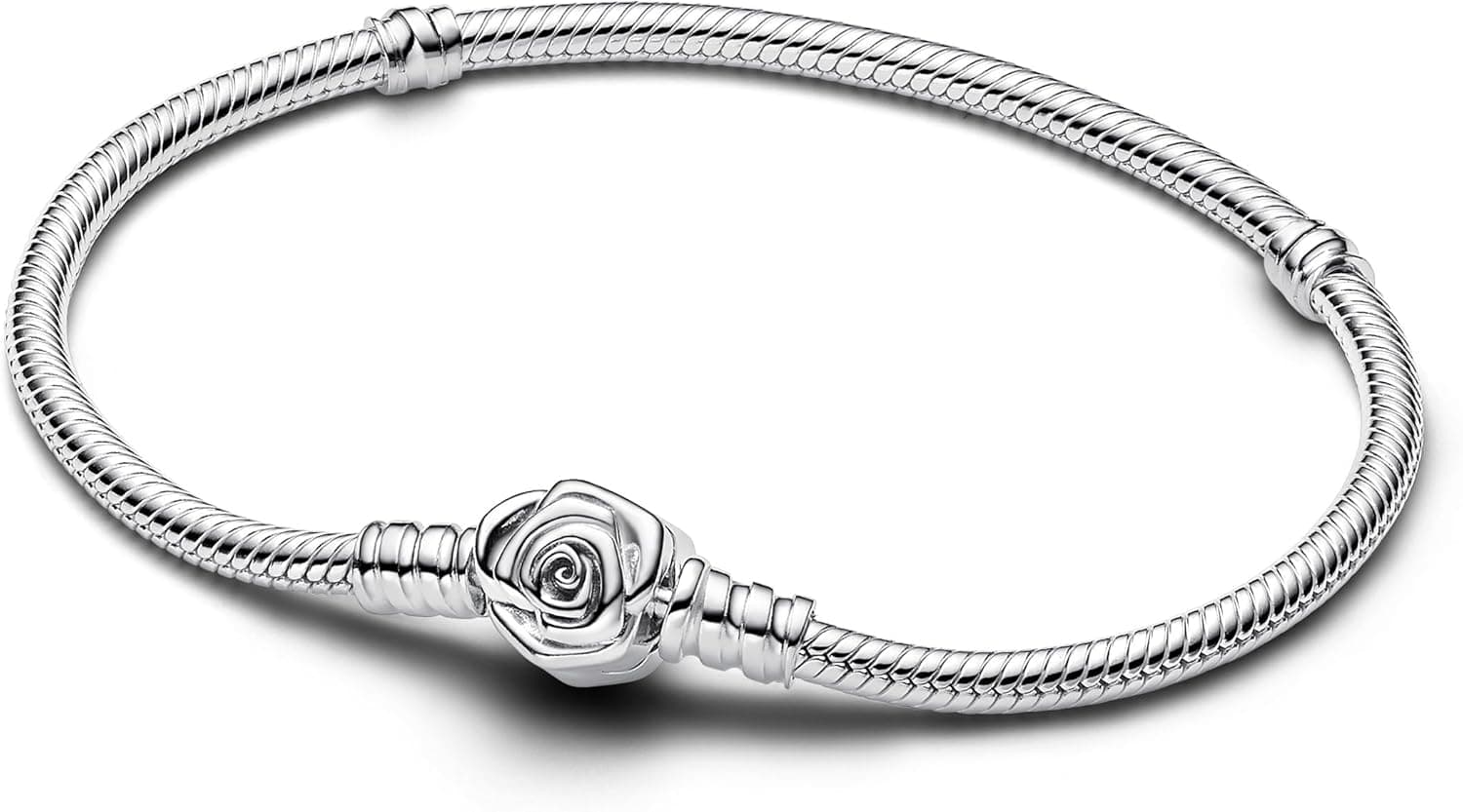 PANDORA Moments Pulseira de prata de lei com corrente de cobra com fecho em forma de rosa