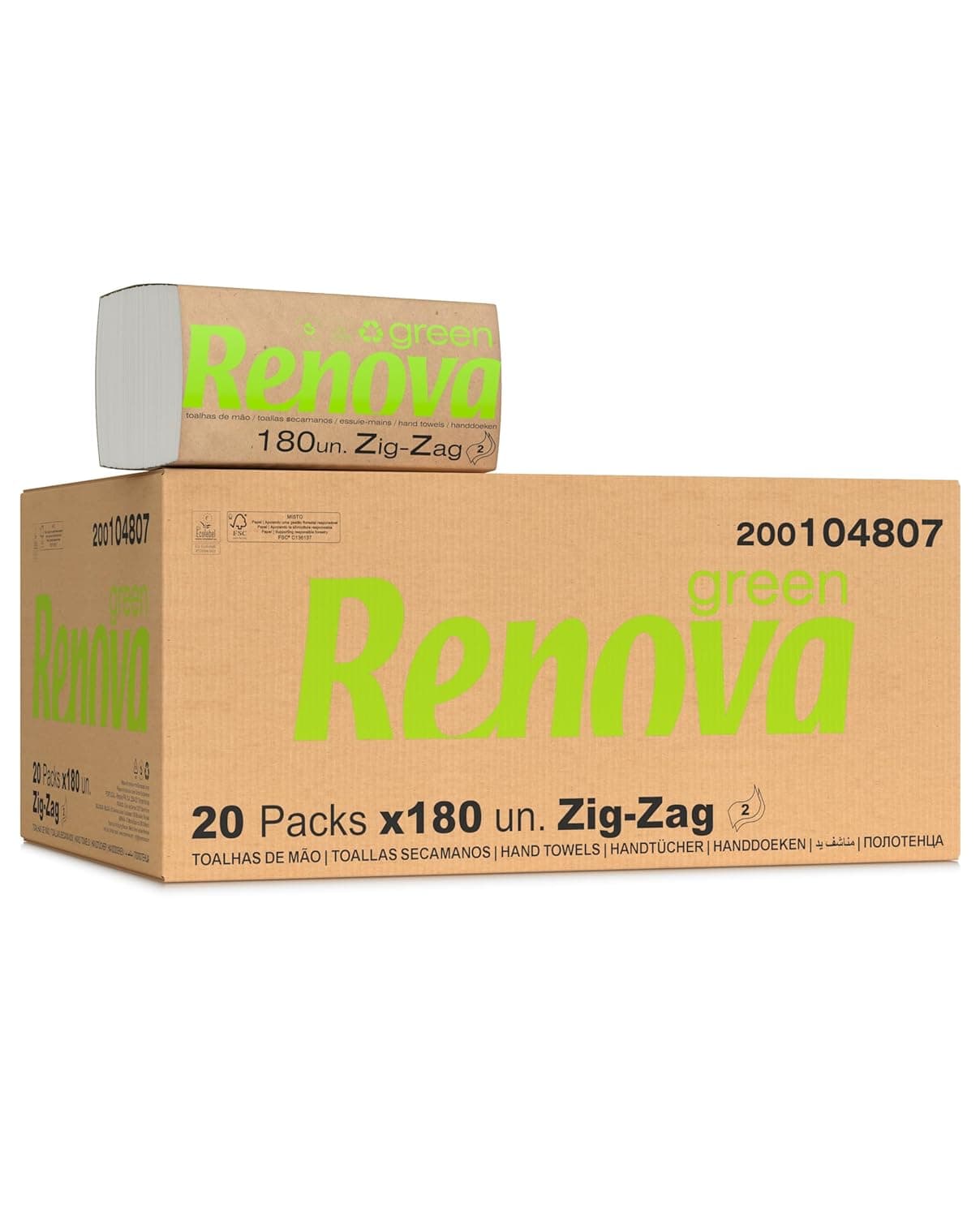 Renova Renovagreen | Toalhas de papel zig-zag recicladas 2 folhas certificadas FSC e Ecolabel, 20 pacotes de 180 unidades