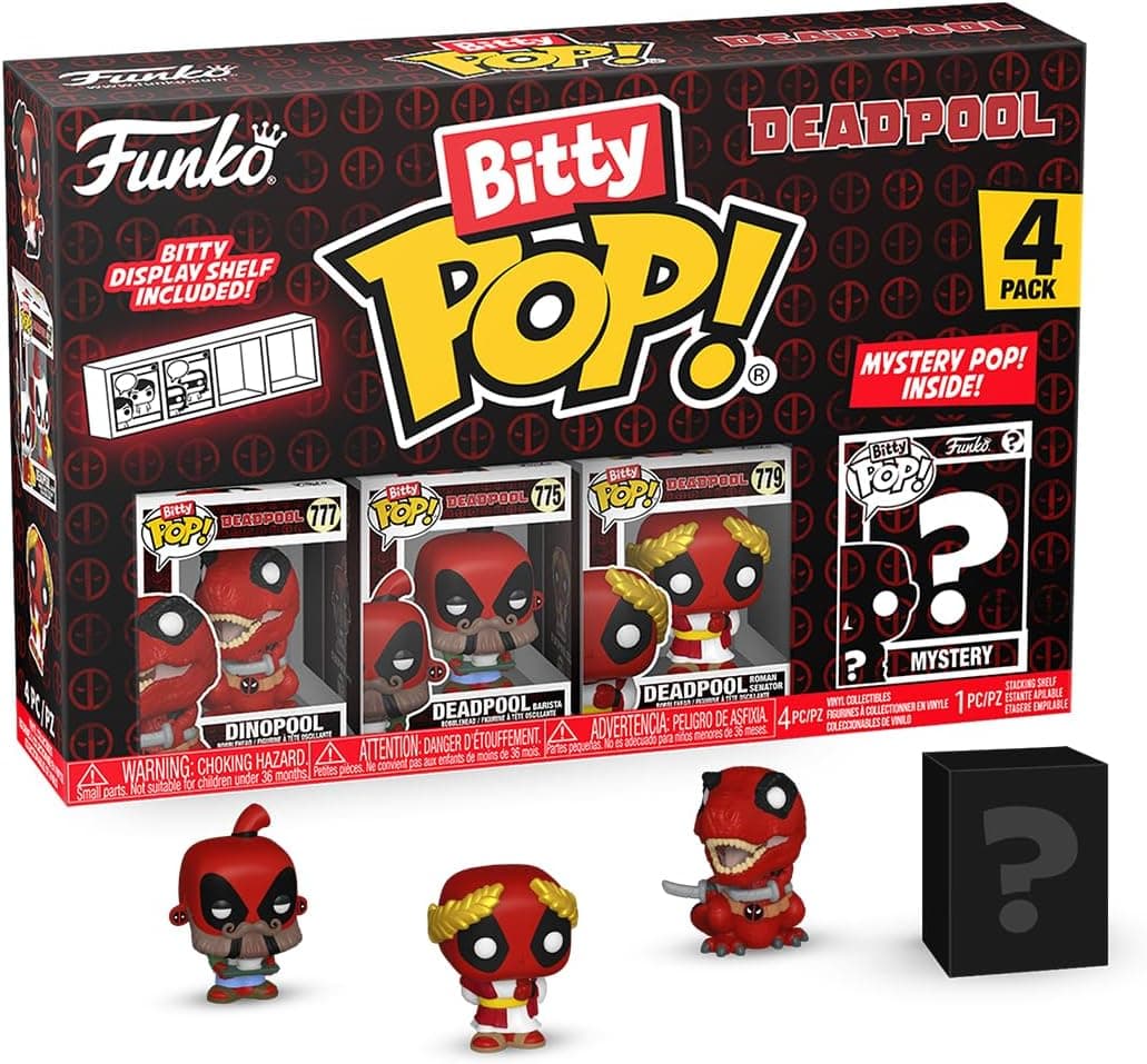 Funko Bitty Pop! Dinopool, Bitty Pop! Deadpool (barista), Bitty Pop! Deadpool (Roman Senator) e uma minifigura misteriosa surpresa de 0,9 polegadas (2,2 cm) - Revista empilhável incluída - ideia de