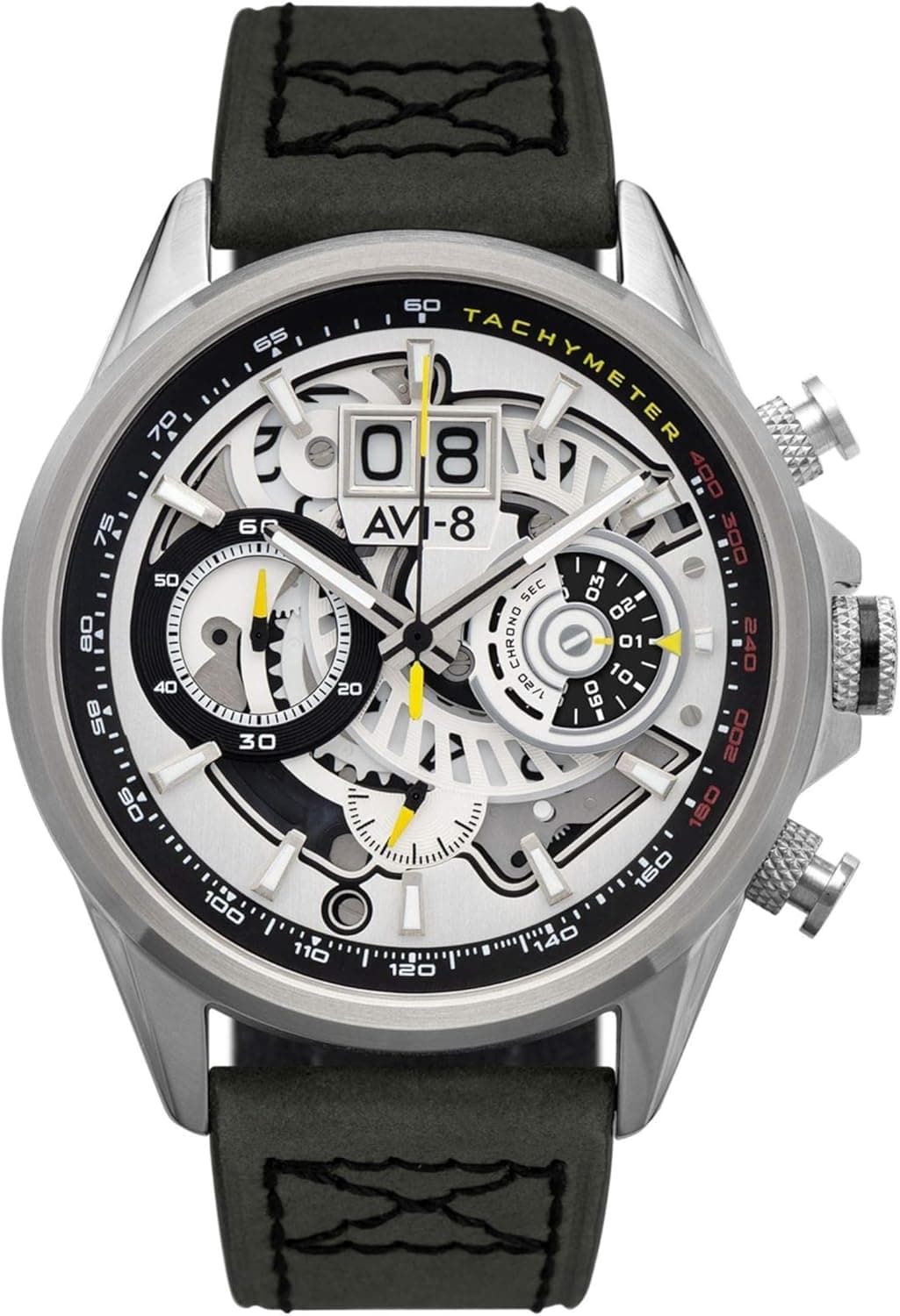 AVI-8 Hawker Harrier AV-4065-01 | Relógio analógico cronógrafo para homem com mostrador prateado, caixa em aço inoxidável e correia cinzenta em couro