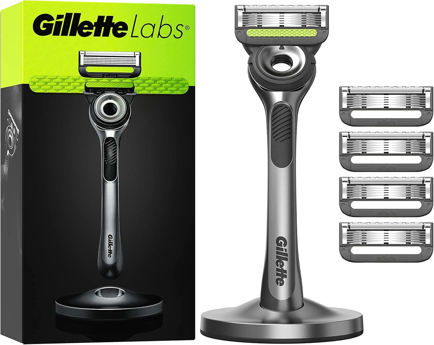 Gillette, Labs Máquina de barbear homem com barra esfoliante, preto, 5 lâminas de barbear de substituição, base magnética de metal, kit de máquina com 5 lâminas e base