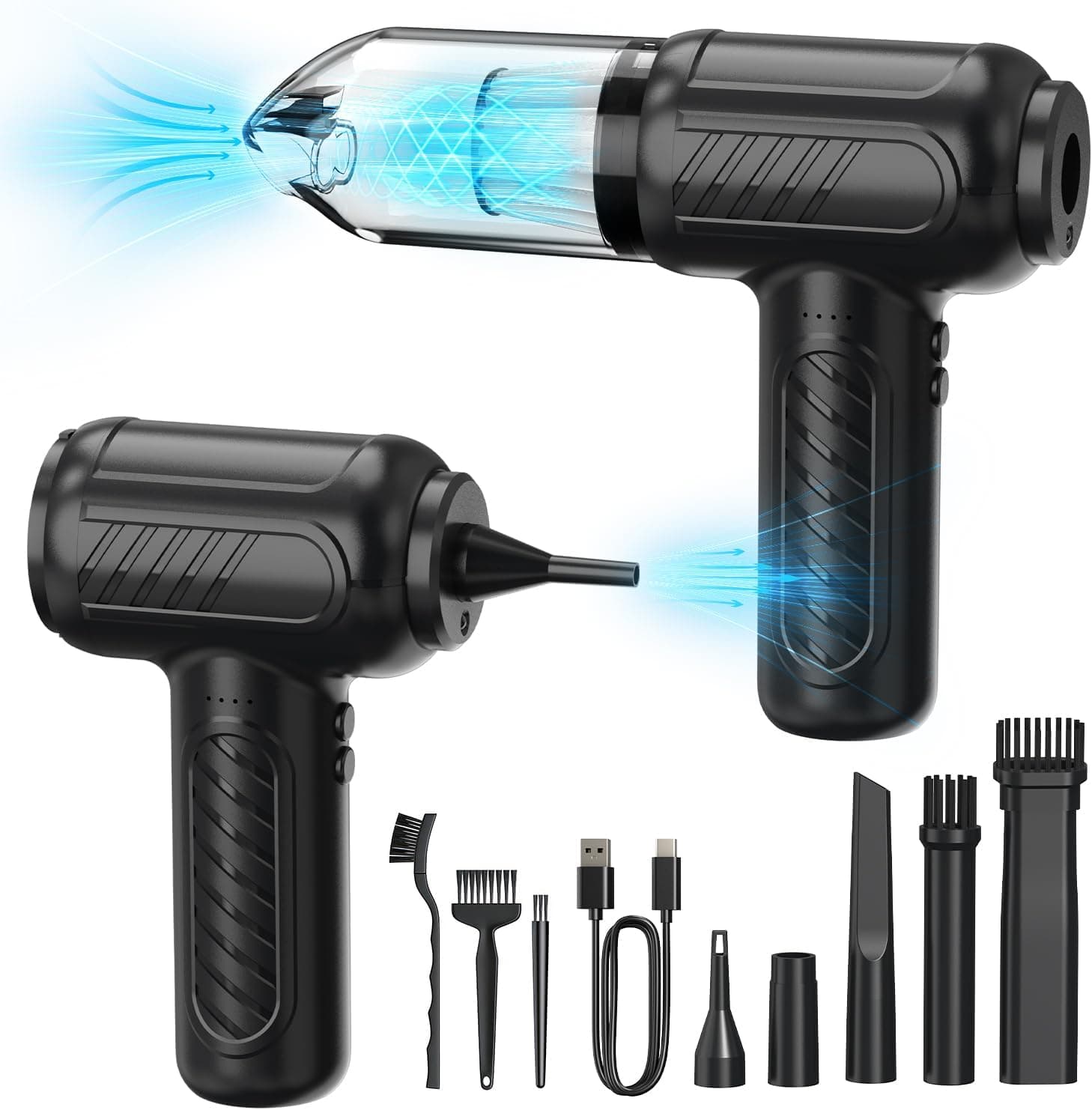 VEGREM Ventilador de ar para PC e aspirador 2 em 1, 3 velocidades, 110.000 RPM, 4000 mAh, com bicos, escova de limpeza de teclado e cabo de carregamento USB, ar comprimido limpeza PC, carros, sofás