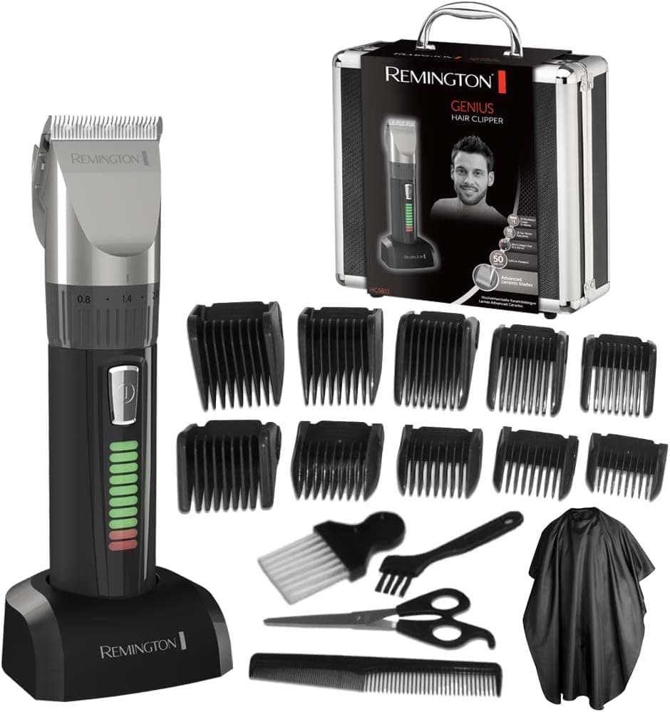 Remington Máquina de cortar cabelo homem lâminas de cerâmica auto-afiáveis, 0,8 - 40 mm Genius corte profissional, 10 pentes guia, cabo de operação/bateria, recarregável, sem fio, lítio HC5811