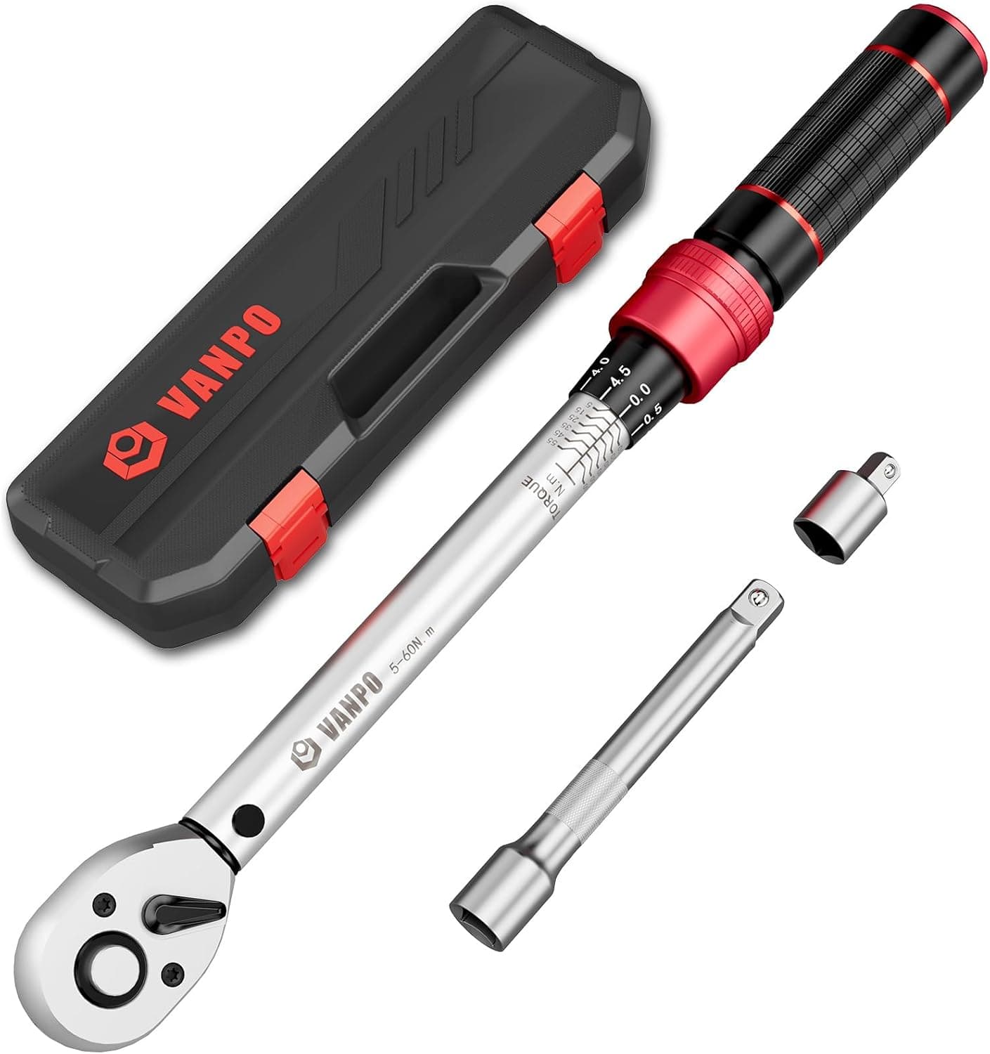 VANPO Chave dinamométrica 3/8", 5-60 chave de torque, precisão de erro ± 3%, cabeça reversível de 72T chave dinamométrica para bicicleta, moto, mudar velas de ignição de carro