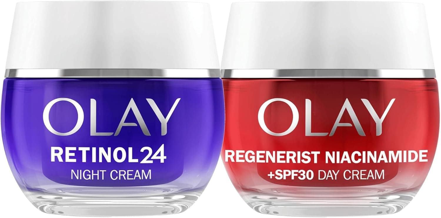 Olay Retinol24 creme noturno 50 ml e Olay Niacinamida SPF30 creme hidratante de dia 50 ml. Pacote de 2 cremes anti-rugas. Pele mais jovem e radiante