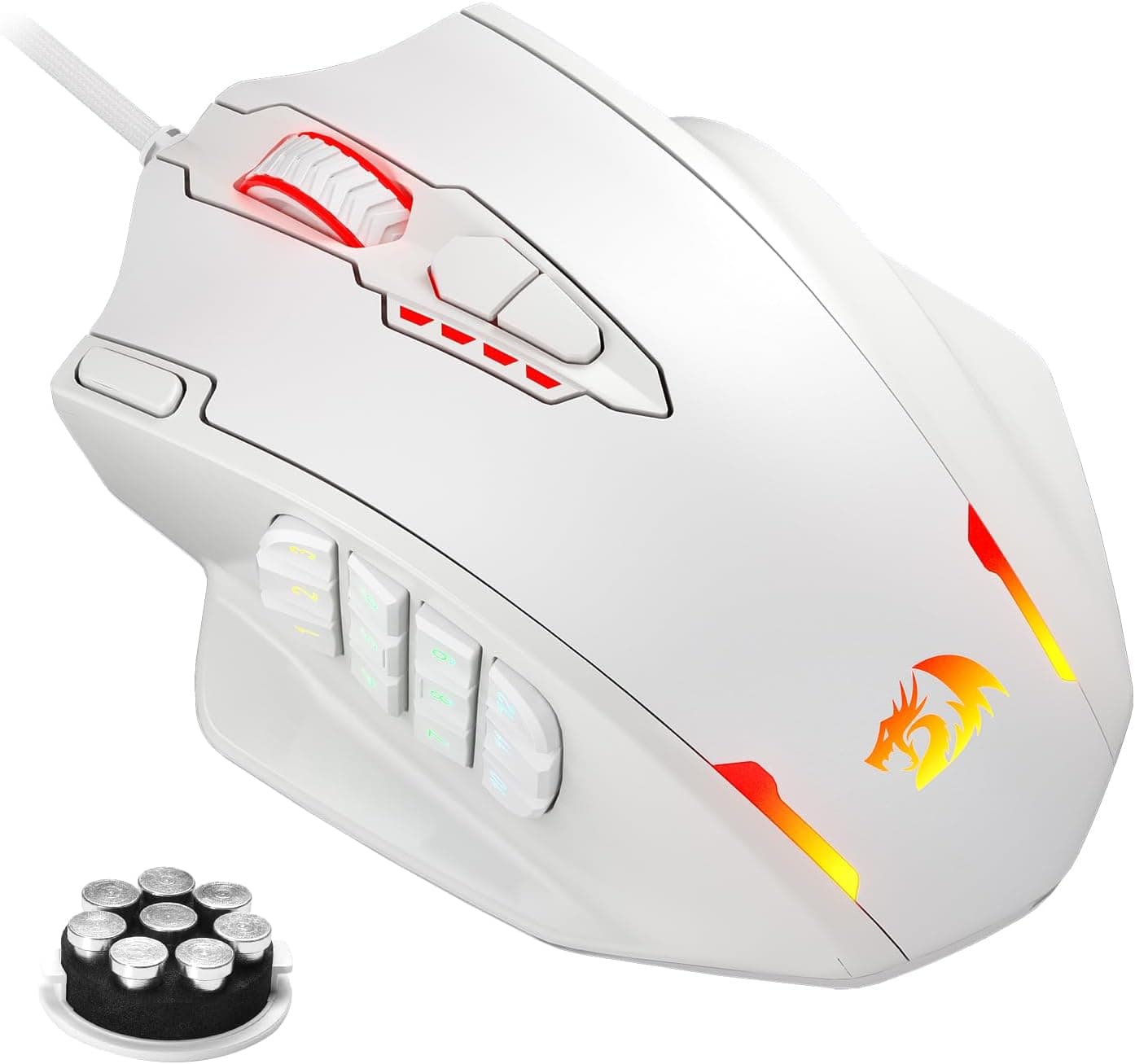 Redragon M908 Impact RGB LED MMO Rato com botões laterais para jogos com cabo com 12,400 dpi, alta precisão, 20 botões de rato programáveis, cor branca