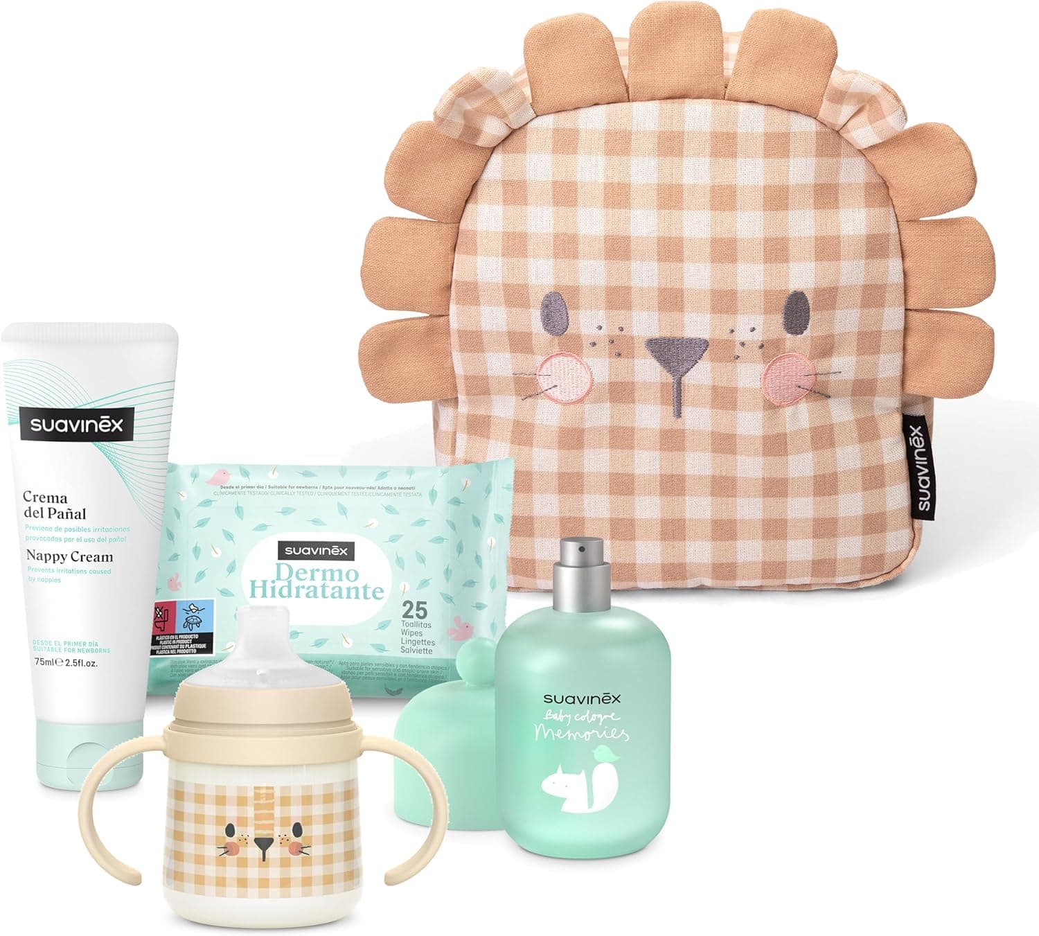 Suavinex, Mochila de berçário para bebés, cesta - presente para bebé com: Baby Cologne Memories 100 ml creme fralda 75 ml pack 25 toalhas termohidratantes caneca de aprendizagem, leão bege