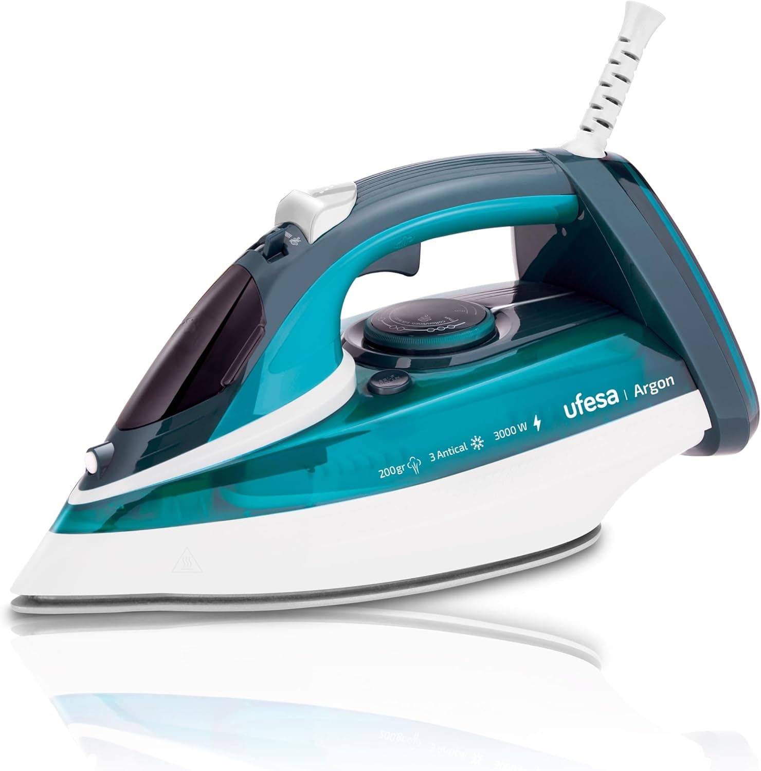 Ufesa Argon Ferro a vapor de 3000 W, golpe a vapor máximo de 200 g e variável 0-40 g/min, sola de cerâmica, vapor ou seco, sistema anticalcário triplo, ferro a vapor anti-gotejamento