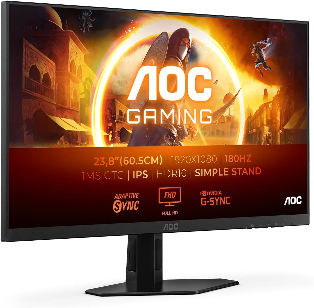 AOC Gaming 24G4XED Monitor FHD de 24 polegadas, 180 Hz, 1 ms, FreeSync Prem, G-Sync Comp., HDR10 1920x1080, HDMI 2.0, DisplayPort 1,4, preto/cinzento, 24 polegadas gada FHD, S suporte fixo