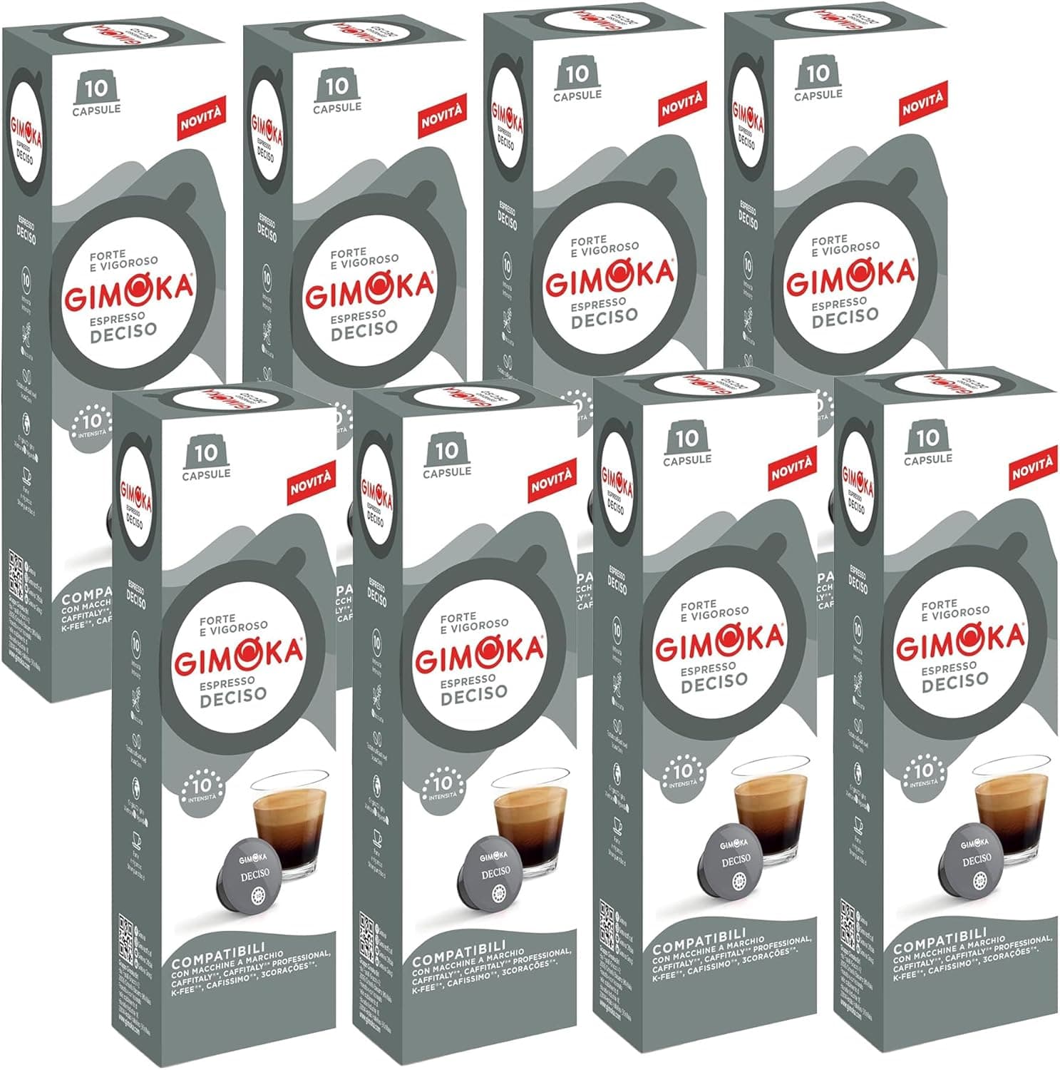 Gimoka, Cápsulas de café expresso deciso, intensidade 10/10, 80 cápsulas compatíveis com máquinas de café Caffitaly e Tchibo Cafissimo, sabor intenso com notas de cacau, 8 embalagens de 10