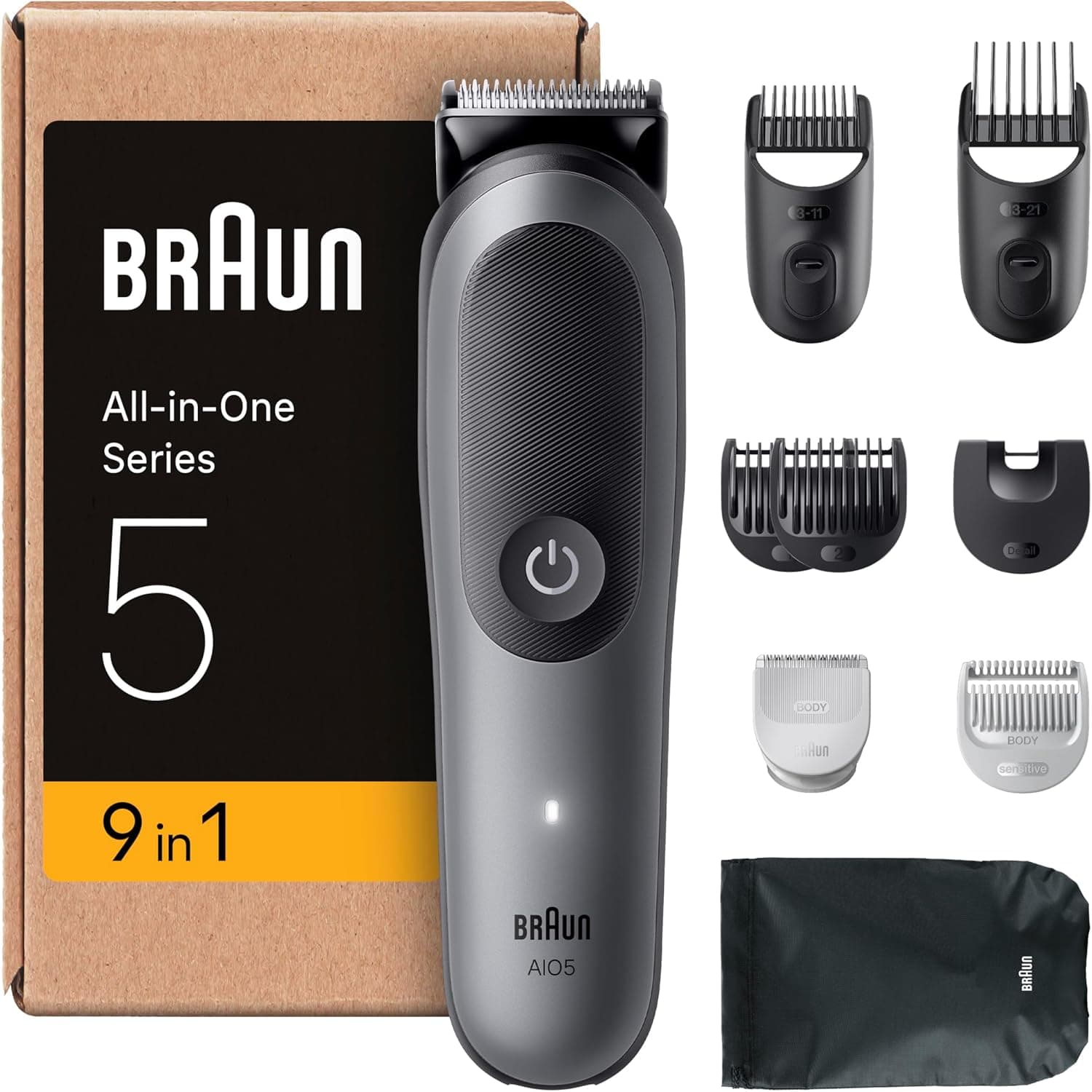 Braun Aparador Tudo em uma série 5, AIO5545, kit de Styling 9em 1 para barba, cabelo, orelhas, nariz e corpo, 120 min, corta-pelos homem com lâmina ultra afiada, recorte preciso e eficiente, cinzento