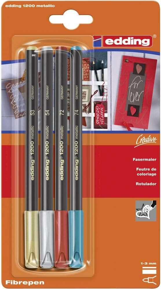 edding 1200 Marcador de cor metálica 4 cores - x1 - ponta arredondada 1-3 mm - para escrever, desenhar e esboçar - livros de visitas, fabricação de cartões, artesanato de bricolage e scrapbooking