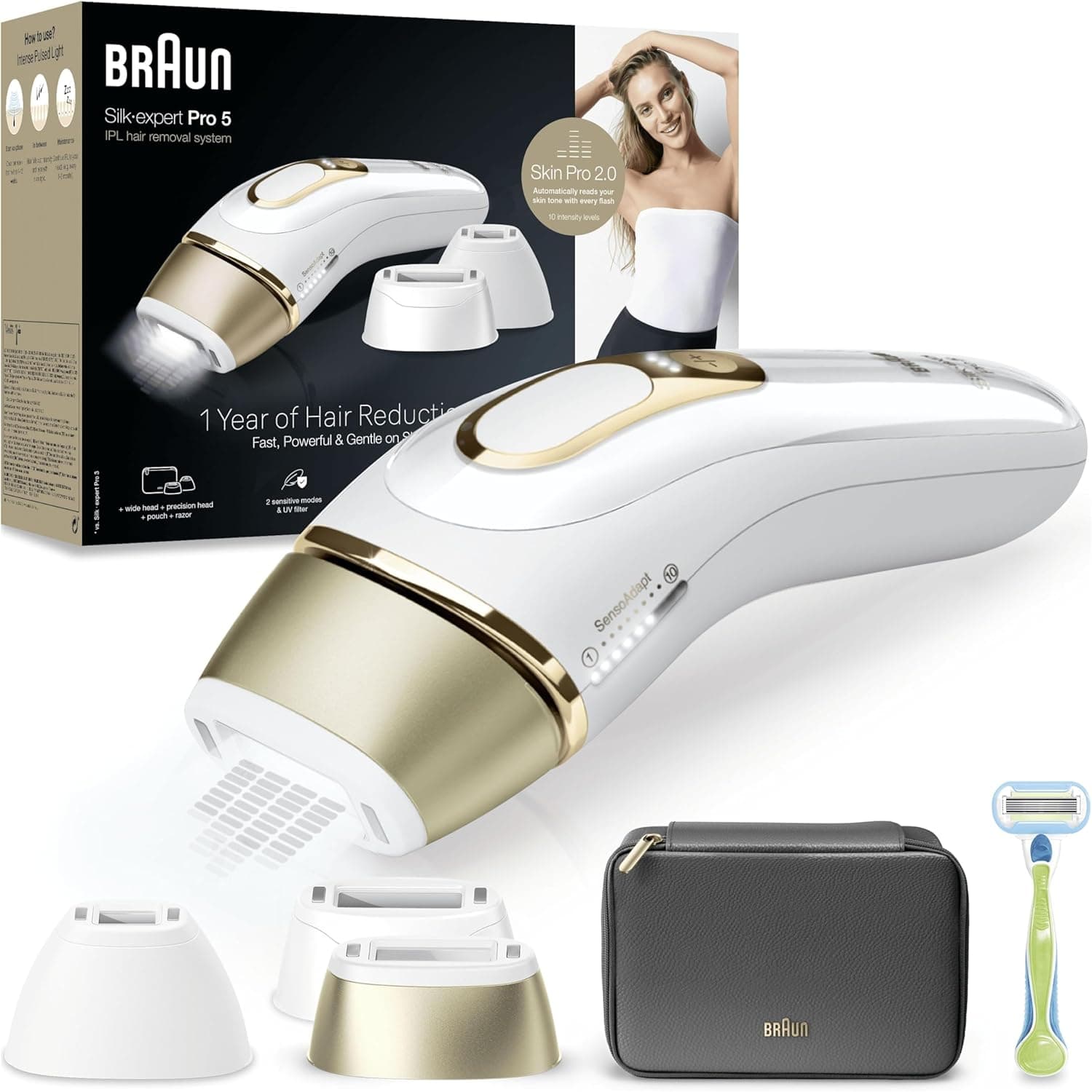 Braun IPL Silk-Expert Pro 5 PL5242 Depilação para casa, branco/ouro, alternativa à depilação a laser, com caso, sistema de barbear Vênus, 3 cabeças, presente para mulheres
