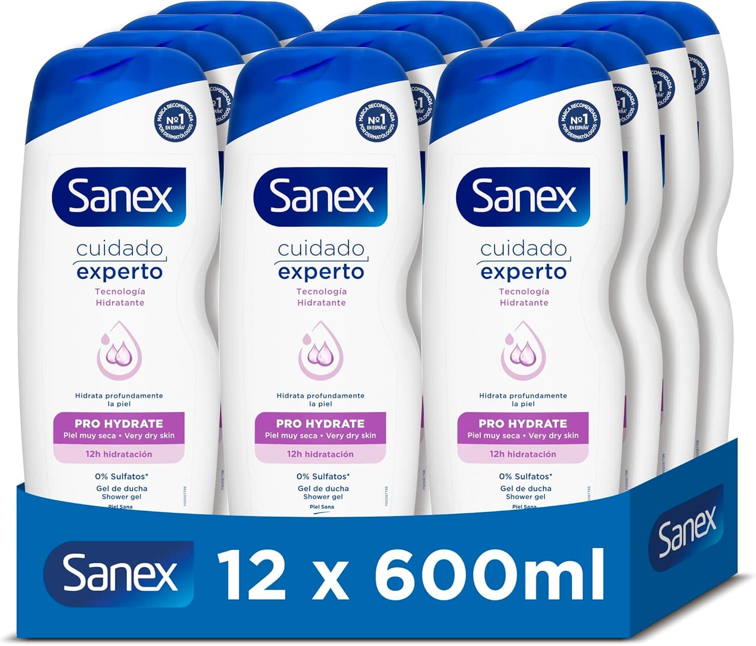 Sanex Cuidados especializados Pro Hydrate gel de duche, pack de 12 unidades x 600 ml
