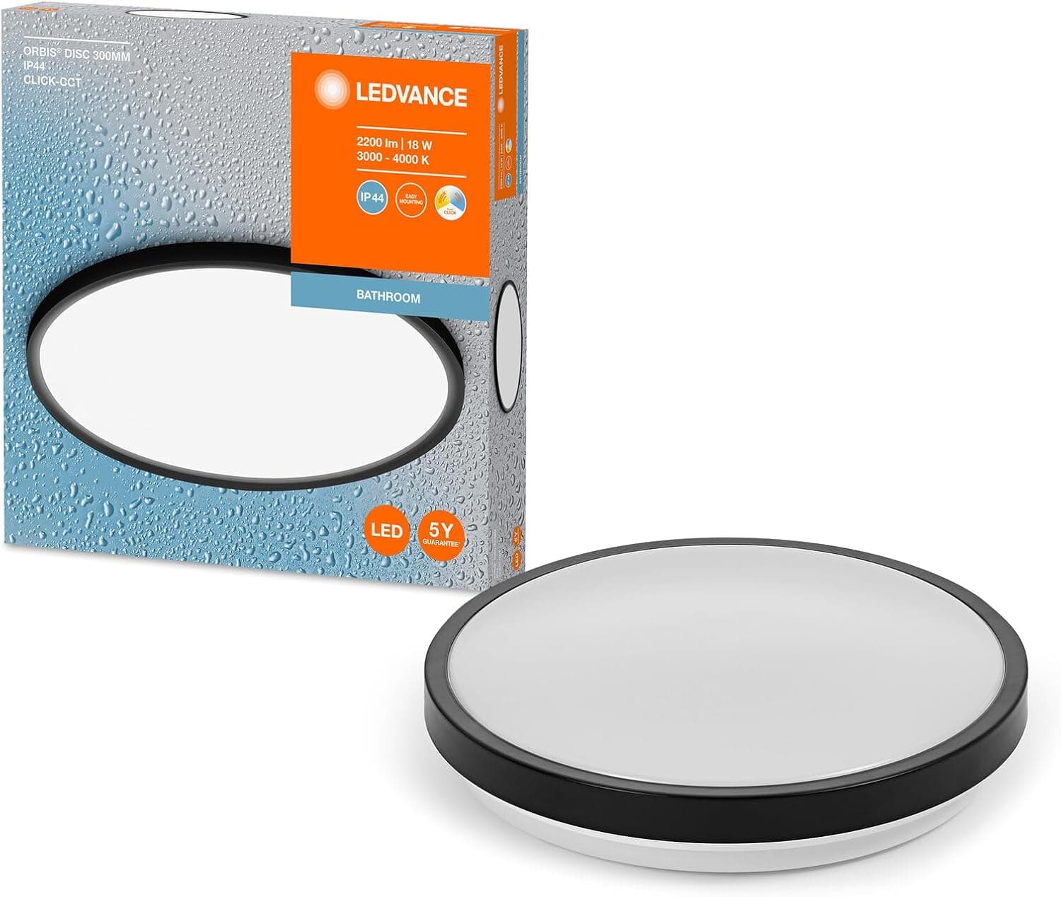 LEDVANCE ORBIS DISC Candeeiro de teto para casa de banho de 300 mm, preto, 18 W, 2200 lm, luz branca quente a fria, controlável por interruptor de luz, design particularmente fino, classe de proteção IP44, 3000K-4000000K