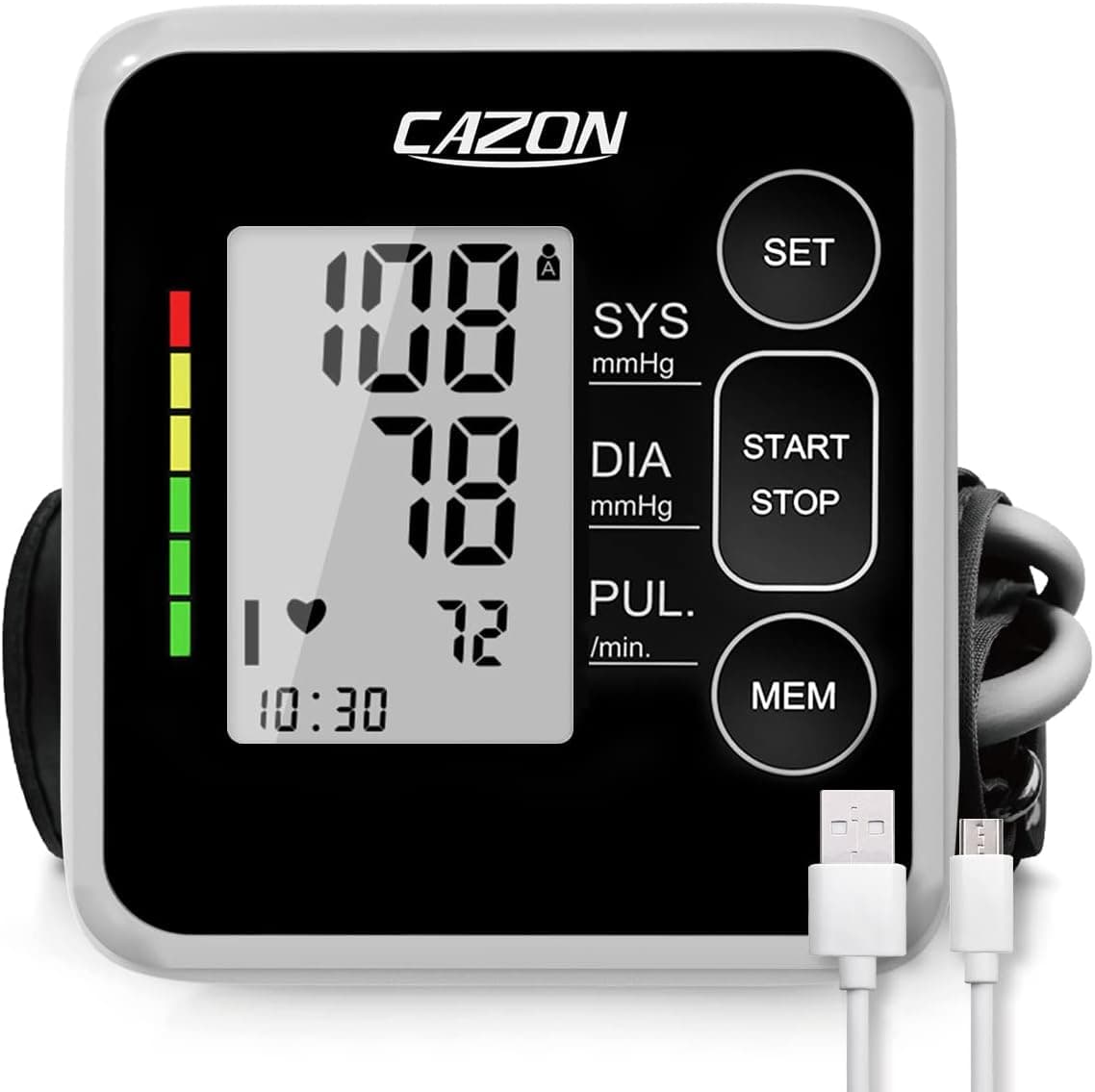 CAZON Tensiómetro de braço, monitor de pressão arterial para uso doméstico. Detector eletrónico de frequência cardíaca com bracelete 22-40 cm, memória 2 x 120 (preto)