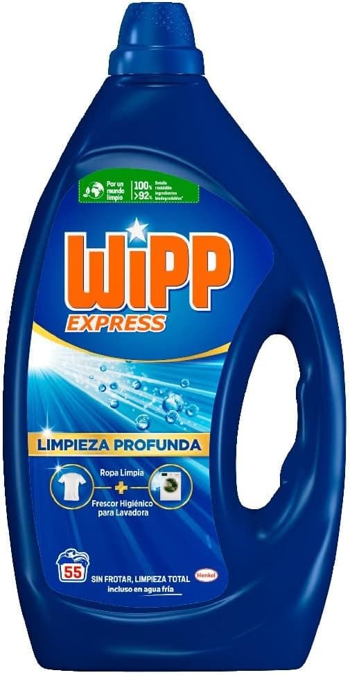 Wipp Express Limpeza profunda, 55 lavagens, detergente líquido removedor de manchas, detergente para máquina de lavar concentrado para lavagem higiénica limpa