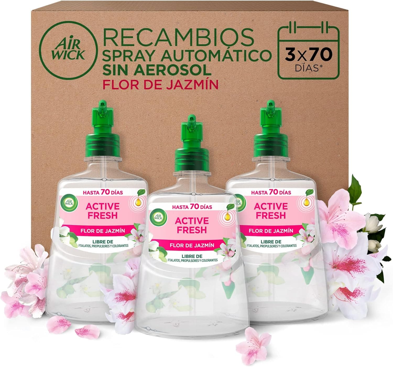 Air Wick Active Fresh Spray automático sem aerossol, ambiente doméstico com aroma de flor de jasmim, conjunto de 3 peças (228 ml x 3)