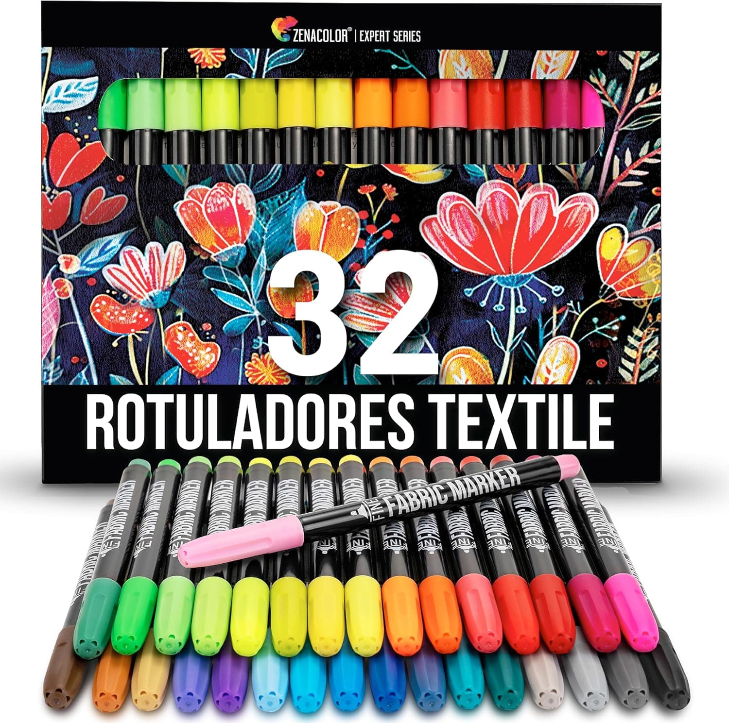 Zenacolor 32 Marcadores têxteis - Tinta têxtil permanente e lavável, não tóxica e impermeável, pintura para tecido com ponta fina - perfeita para t-shirts, malas, Tote Bag - para crianças e adultos