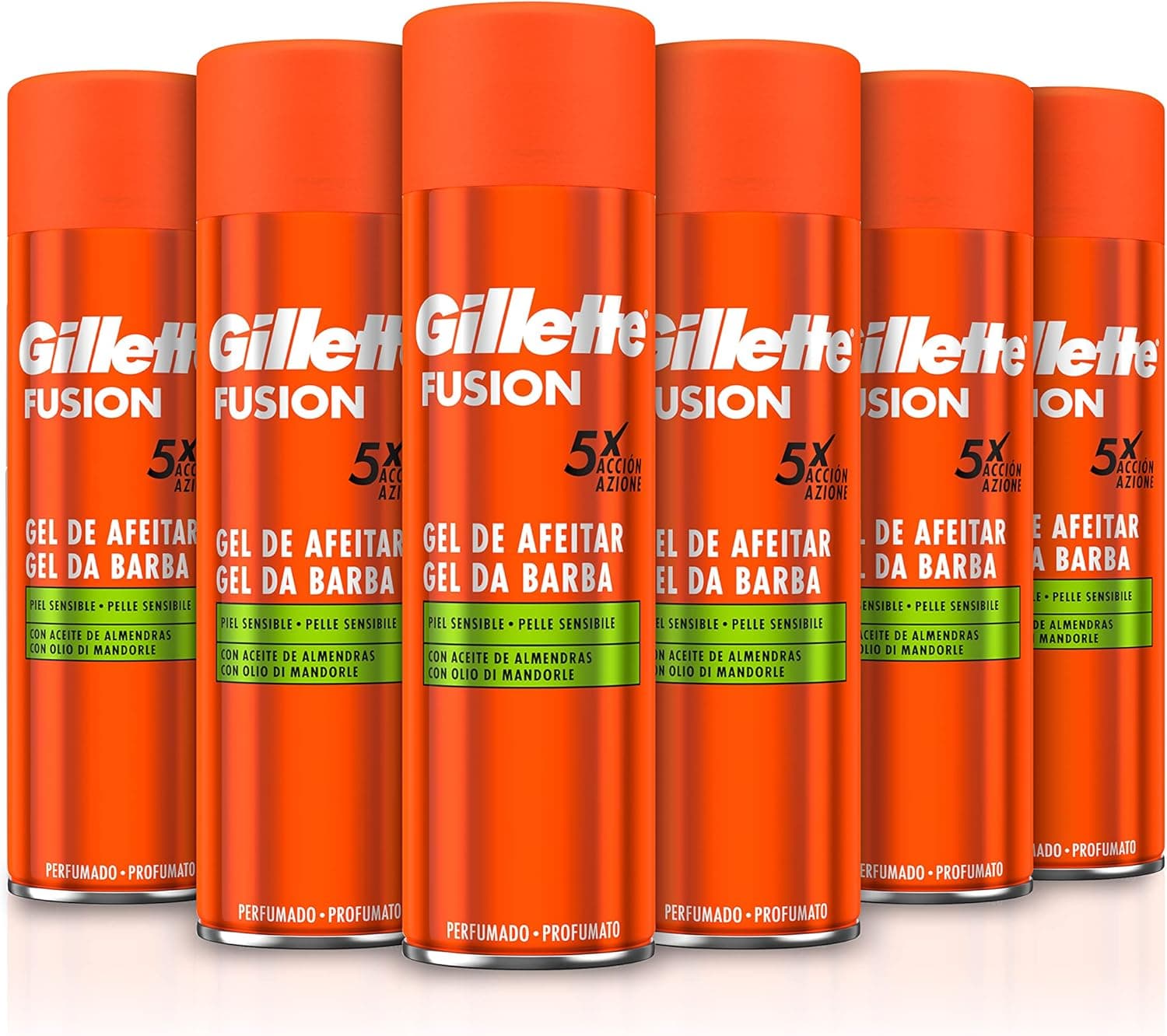 Gillette Fusion | Gel de barbear para pele sensível com óleo de amêndoas, pack de 6 x 200 ml