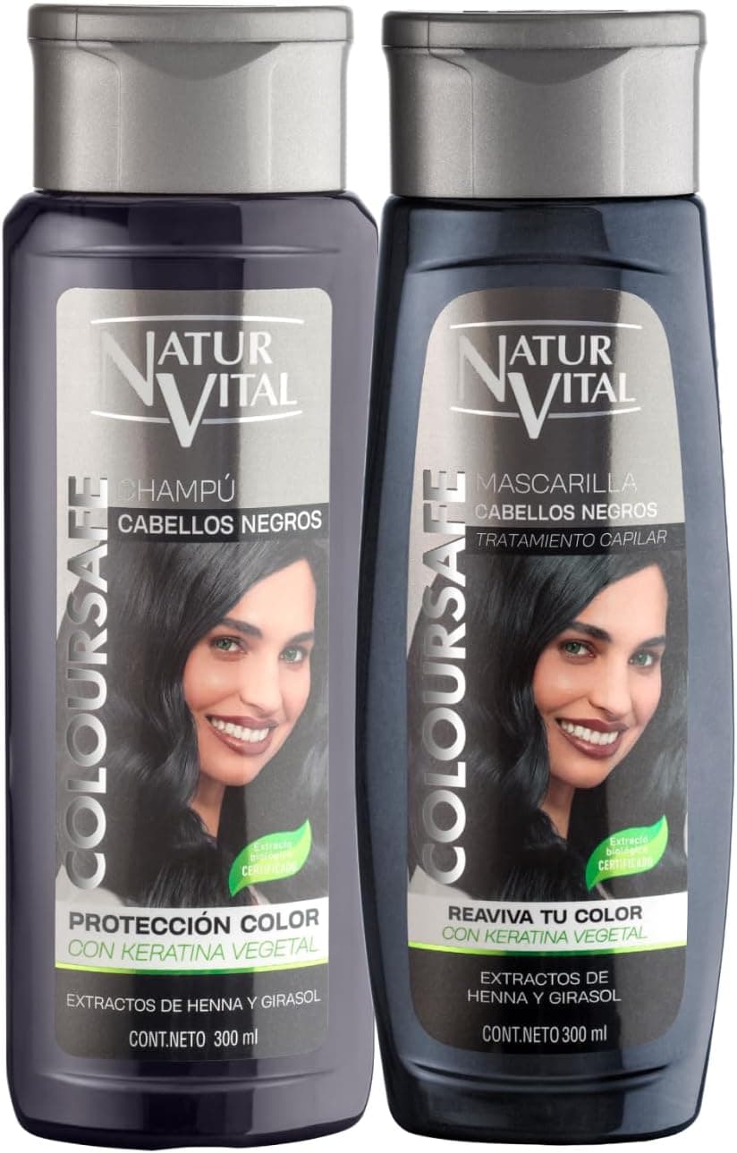 NaturVital Embalagem de cor preta: Máscara champô Coloursafe, cuidado do cabelo com pigmento preto para coloração temporária. Reaviva a cor e dá reflexos intensos 300 ml + 300 ml