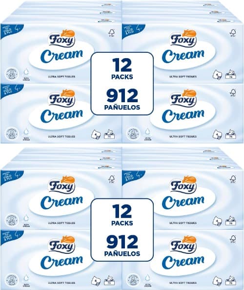 Foxy Cream | Lenços faciais em caixa com 4 folhas e hidratante, 12 caixas de 76 lenços