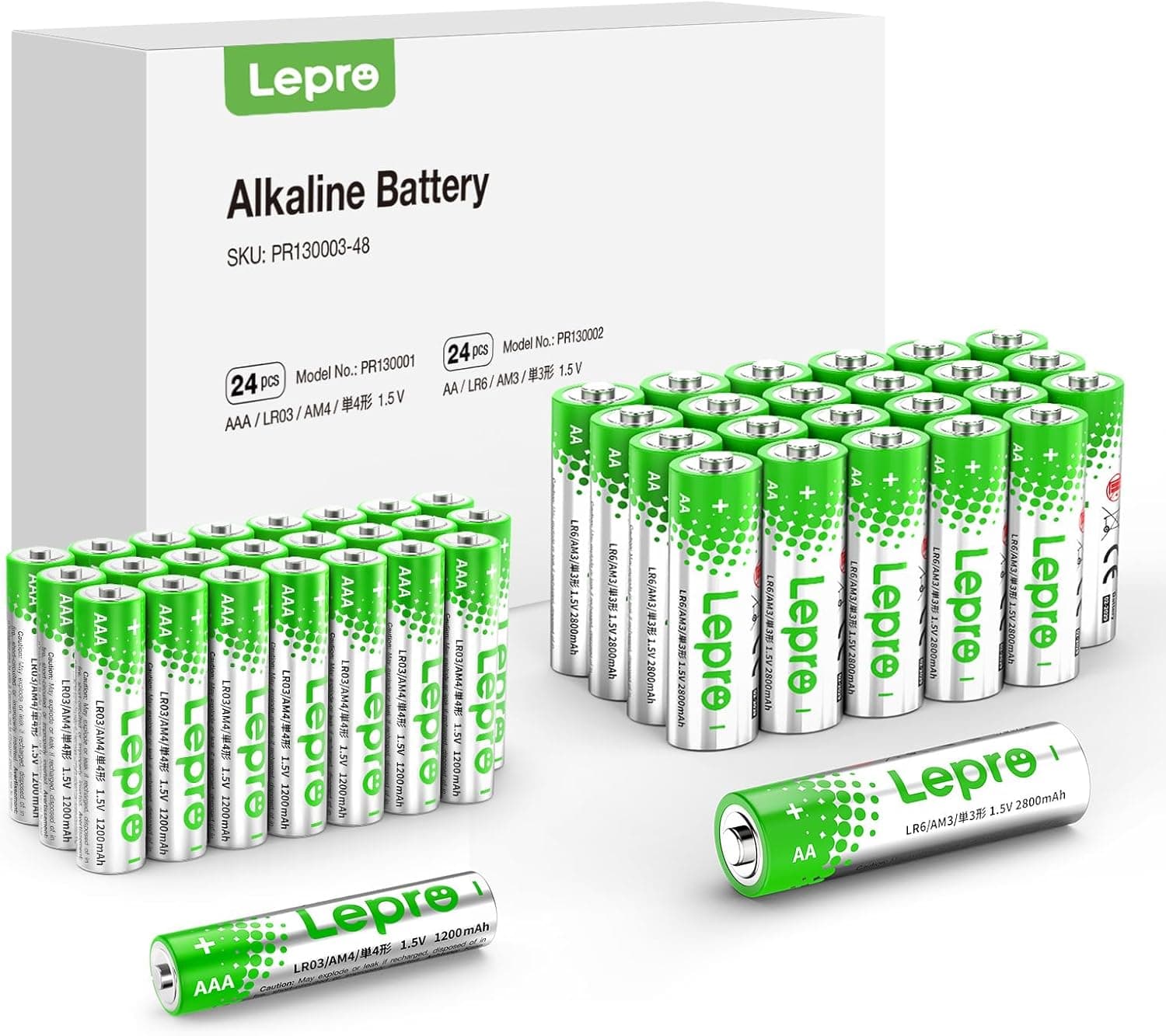 Lepro Pilhas alcalinas AA + AAA, conjunto de 48 pilhas (24AA +24AAA) 1,5 volts 1200 mAh LR03 MN2400, energia de longa duração, anti-fuga, ideal para dispositivos de uso diário